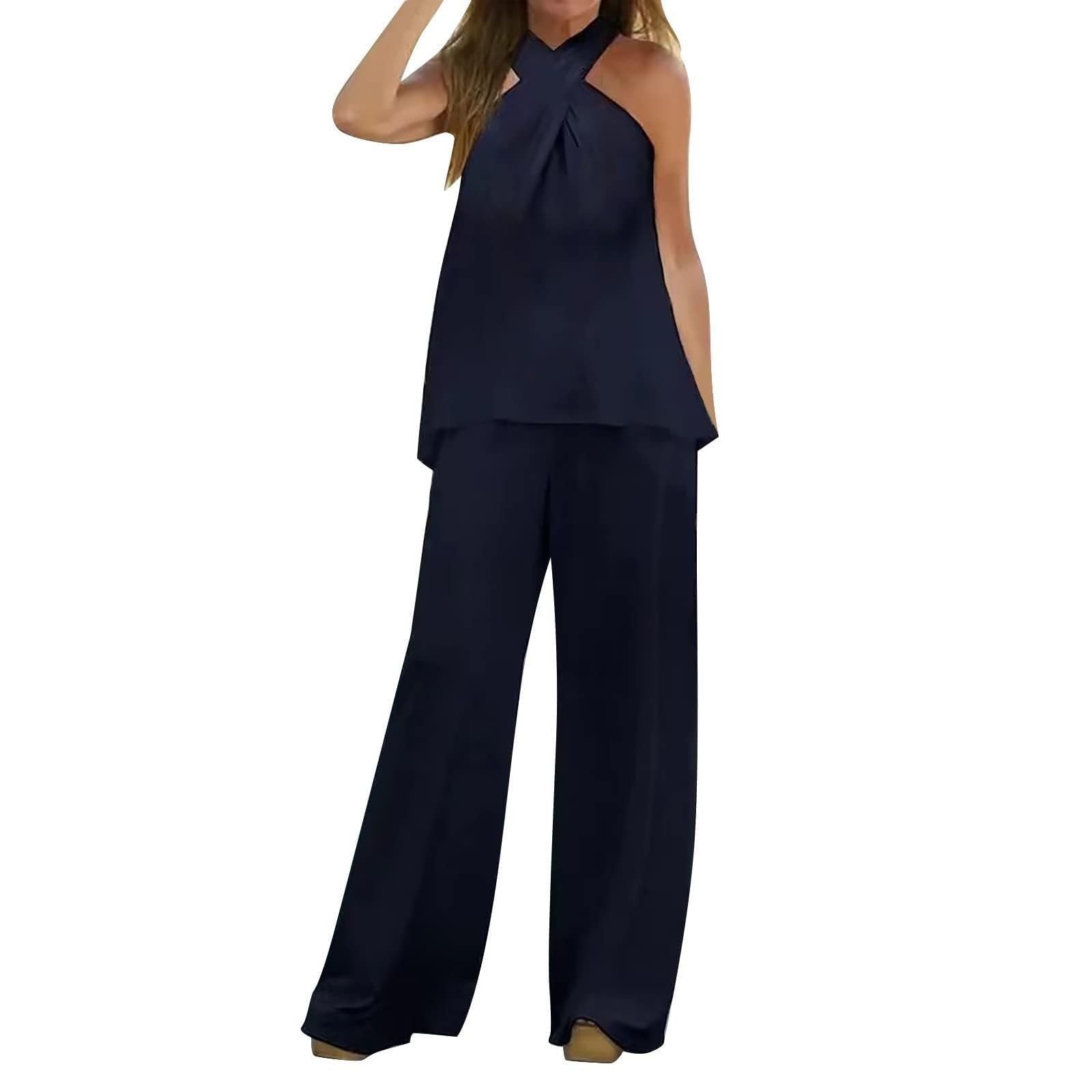 Women's 2 Piece Outfit Sets - 2024 Summer Sleeveless Tops & Wide Leg Lounge Pants Casual Sweatsuit for Home, Travel & Streetwear Fashion