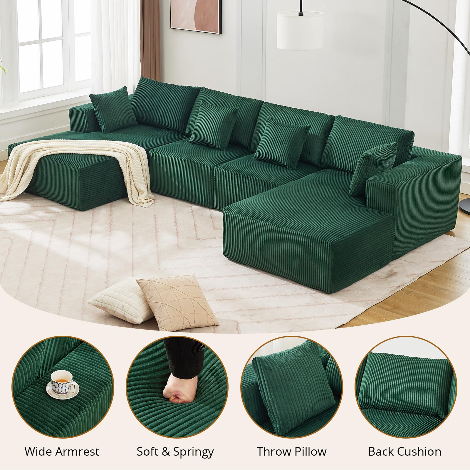 GARVEE 137 Modular Sectional Sofa - 4 Seater U-Shaped Convertible Sleeper Sofa with Chaise Lounge, Cloud-Like Comfort, No Assembly Required, Corduroy Fabric - Perfect for Living Room, Bedroom & Small Apartments | Cozy Seating & Space-Saving Solution