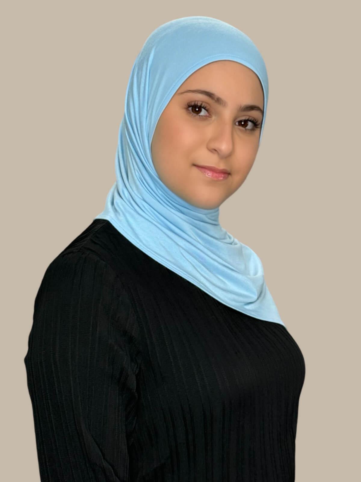 Stylish Pre-Sewn Jersey Hijab for Women - Soft Baby Blue Modest Scarf - Perfect for Daily Wear, Prayer & Special Occasions