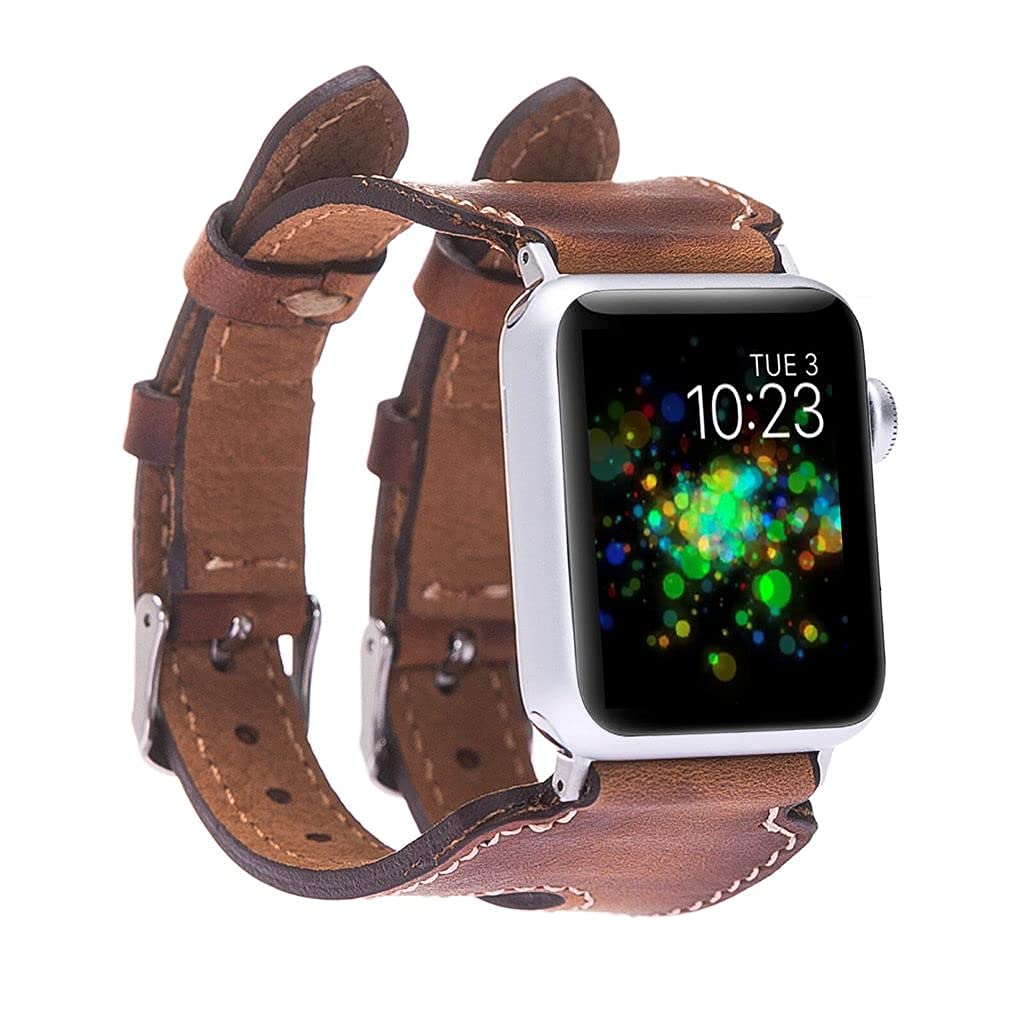 Genuine Leather Apple Watch Band 40mm for Men & Women - Handmade Double Wings Design Compatible with iWatch Series 7/6/5/4/3/2/1/SE - Medium Cinnamon Brown Wrist Strap for Workout, Office & Daily Wear