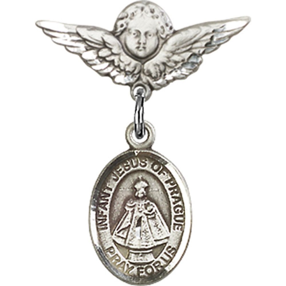 Sterling Silver Baby Badge with Infant of Prague Charm & Angel Wing Pin - 7/8