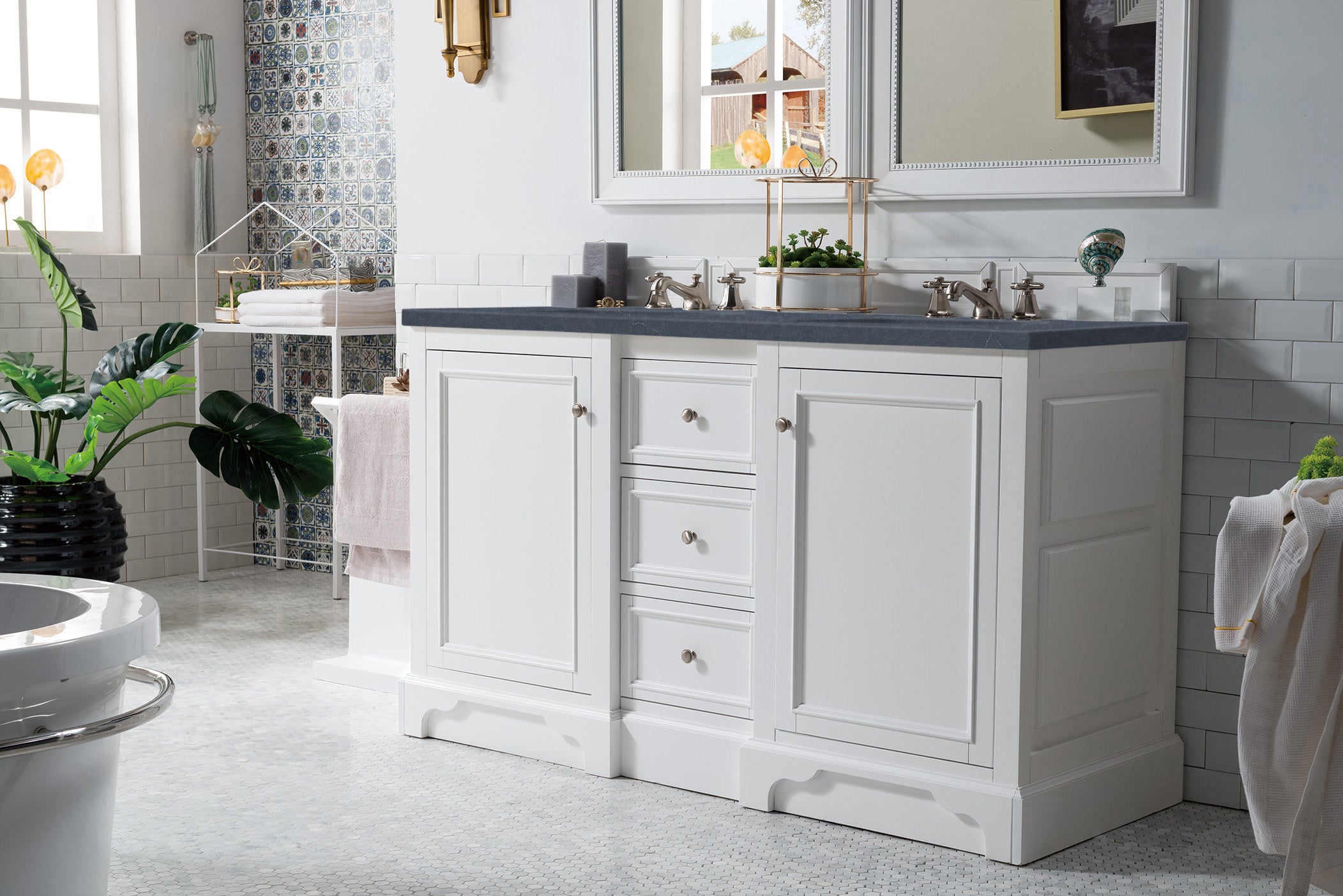 De Soto 60 Inch Double Vanity with Bright White Finish and 3CM Charcoal Soapstone Quartz Countertop - Perfect for Modern Bathroom Renovation and Master Suite Upgrade