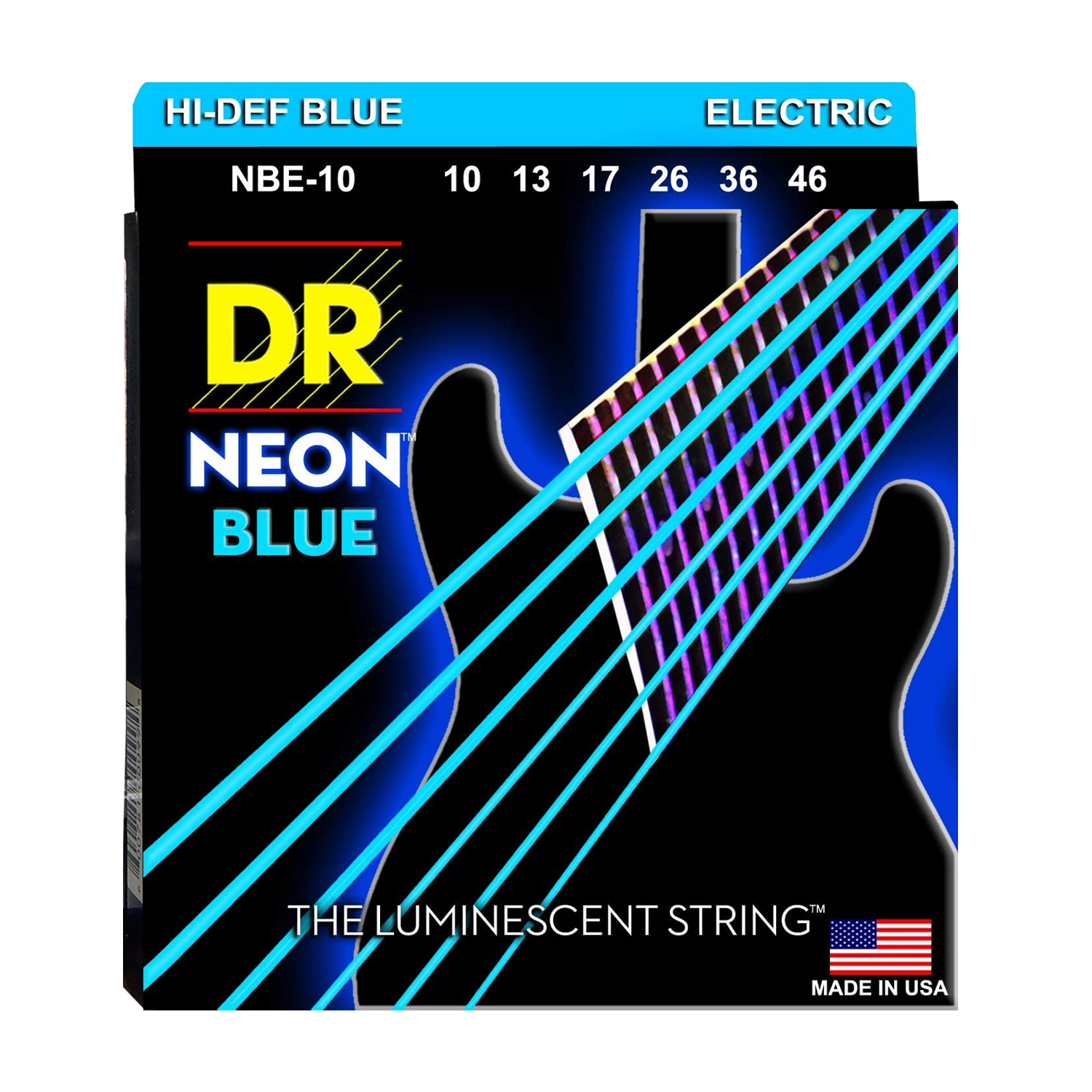 DR Strings Hi Def Neon Blue Medium Electric Guitar Strings 10-46 Gauge - Bright Tone & Longevity for Rock, Metal & Stage Performances