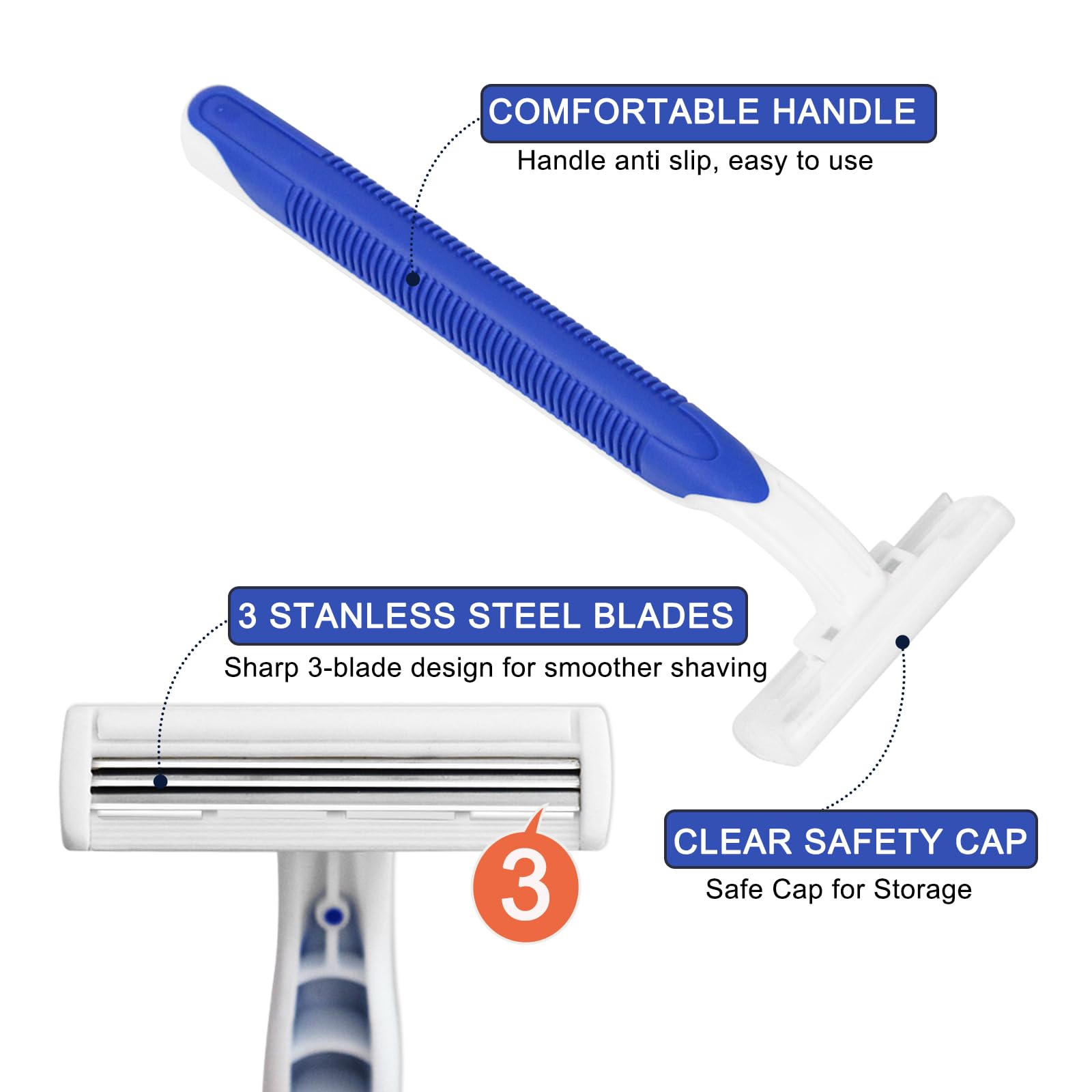100 Pack Disposable Razors for Men & Women - 3-Blade Single Use Shavers with Clear Protective Cap - Bulk Travel Razors Individually Wrapped - Perfect for Hotels, Airbnbs, Homeless Shelters, Charity Donations & Travel Essentials