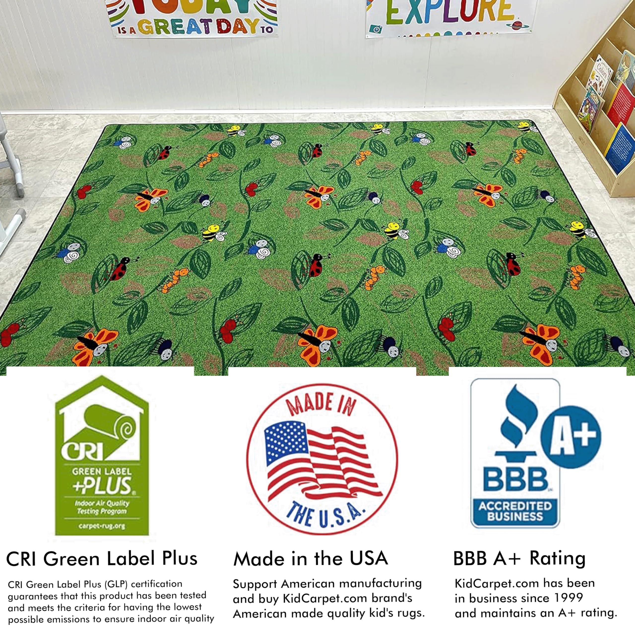 Buzzy Bugs Nylon Area Rug 12' x 6' - Colorful Nature Themed Kids Rug for Playroom, Classroom & Bedroom | Non-Slip Educational Carpet for Preschool Learning & Home Decor | Perfect for Storytime, Play Areas & Early Childhood Development Spaces