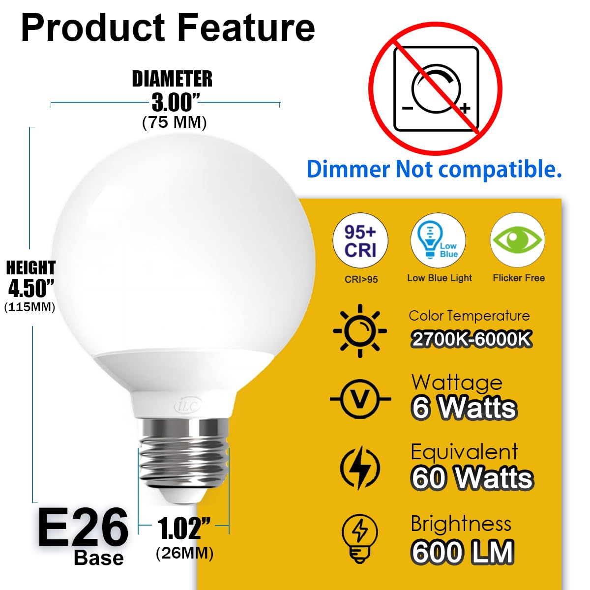 ILC G25 LED Globe Light Bulbs 6W (60W Equivalent) - Dimmable, 2700K-6000K Color Temperature Adjustable, CRI>95+, E26 Base, 120V - Works with Alexa & Echo Devices - Perfect for Vanity Makeup Mirrors, Bathroom Lighting (6 Pack)