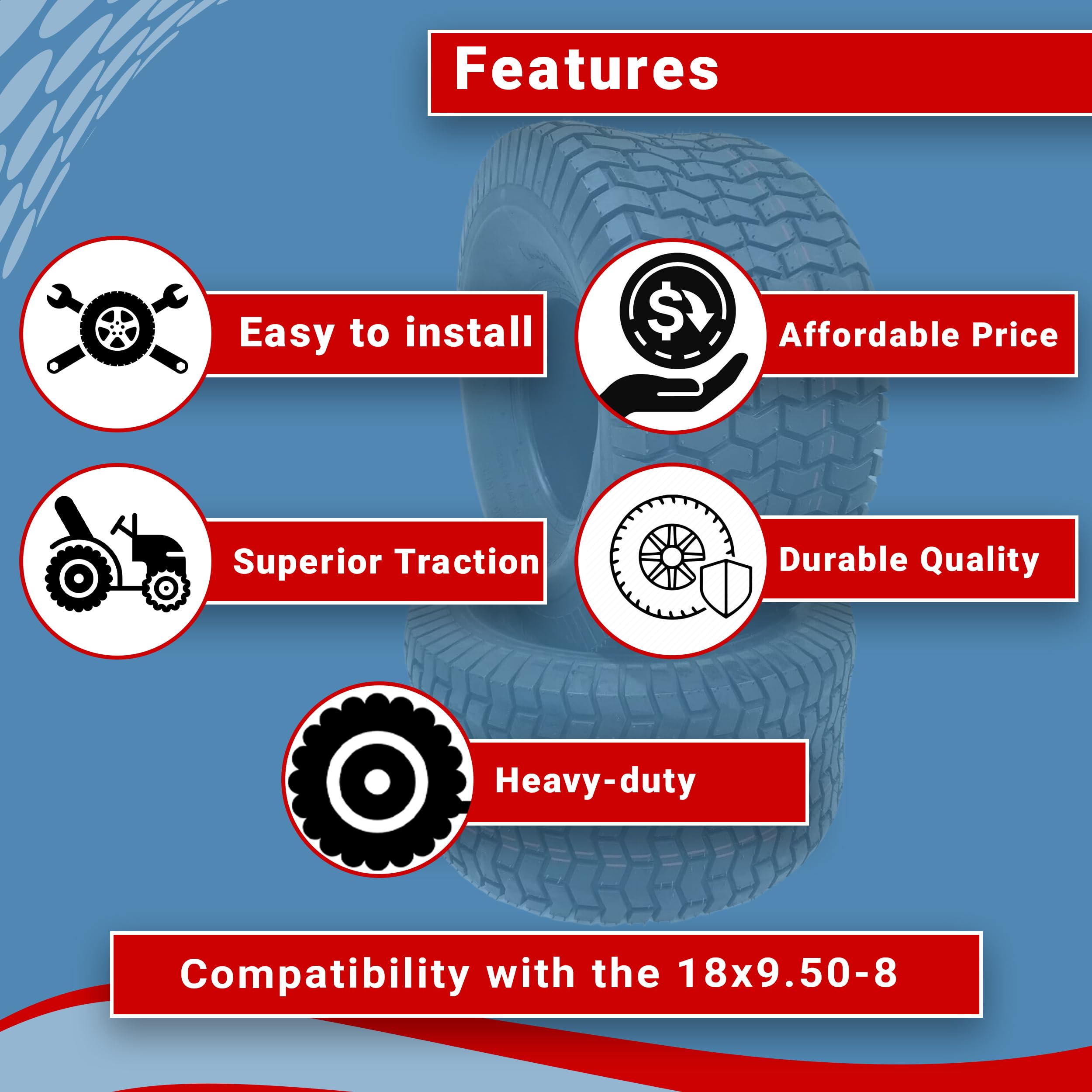 **Two 18x9.50-8 Heavy Duty Tubeless 4-Ply Turf Tires for Riding Lawn Mowers & Garden Tractors – Non-Directional, Durable Farming & Landscaping Tires (Perfect for Lawn Care, Golf Courses & Agricultural Use)**