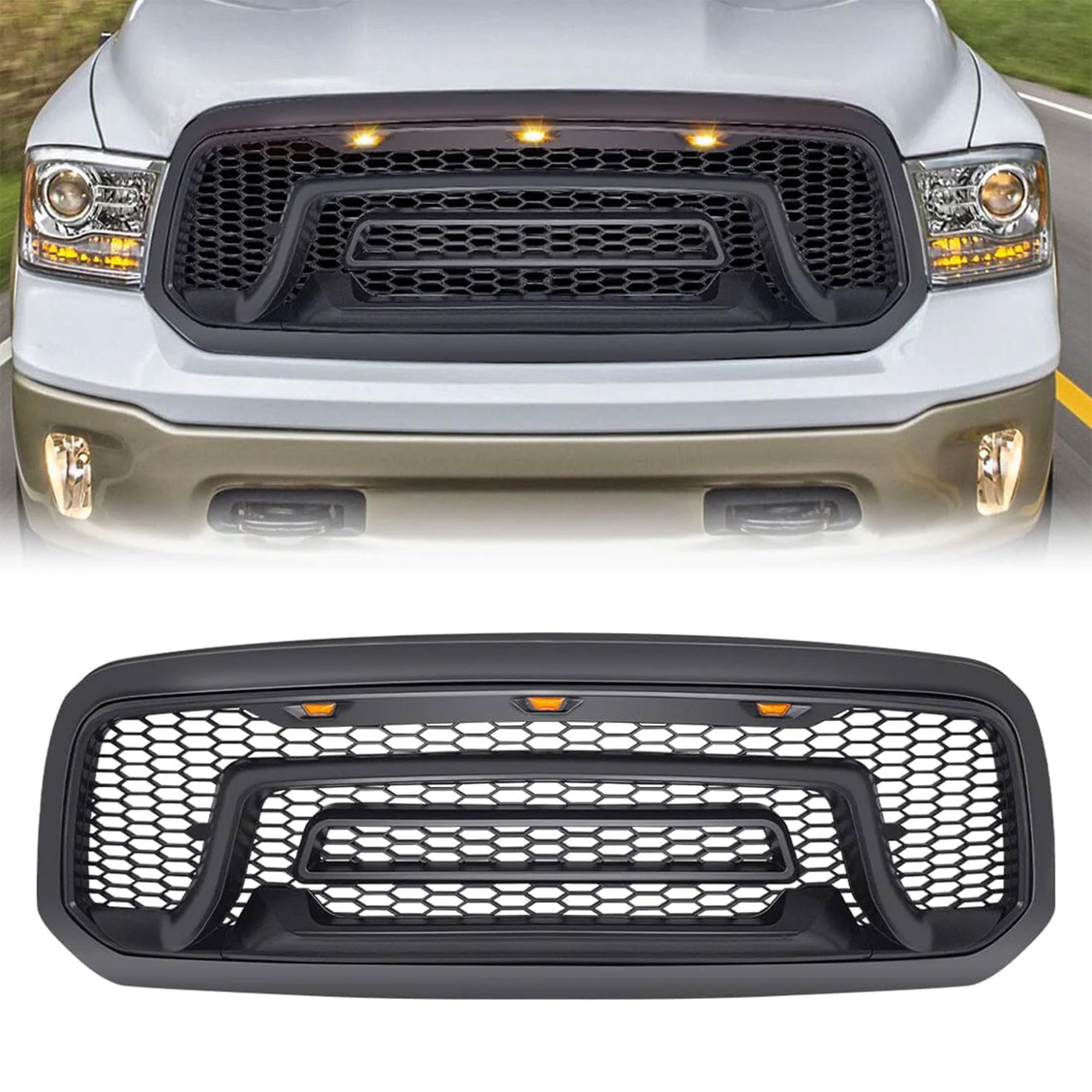 2013-2018 Dodge Ram 1500 Replacement Front Grille with Amber Lights - Matte Black AMERICAN MODIFIED Grill for Off-Road & Truck Customization