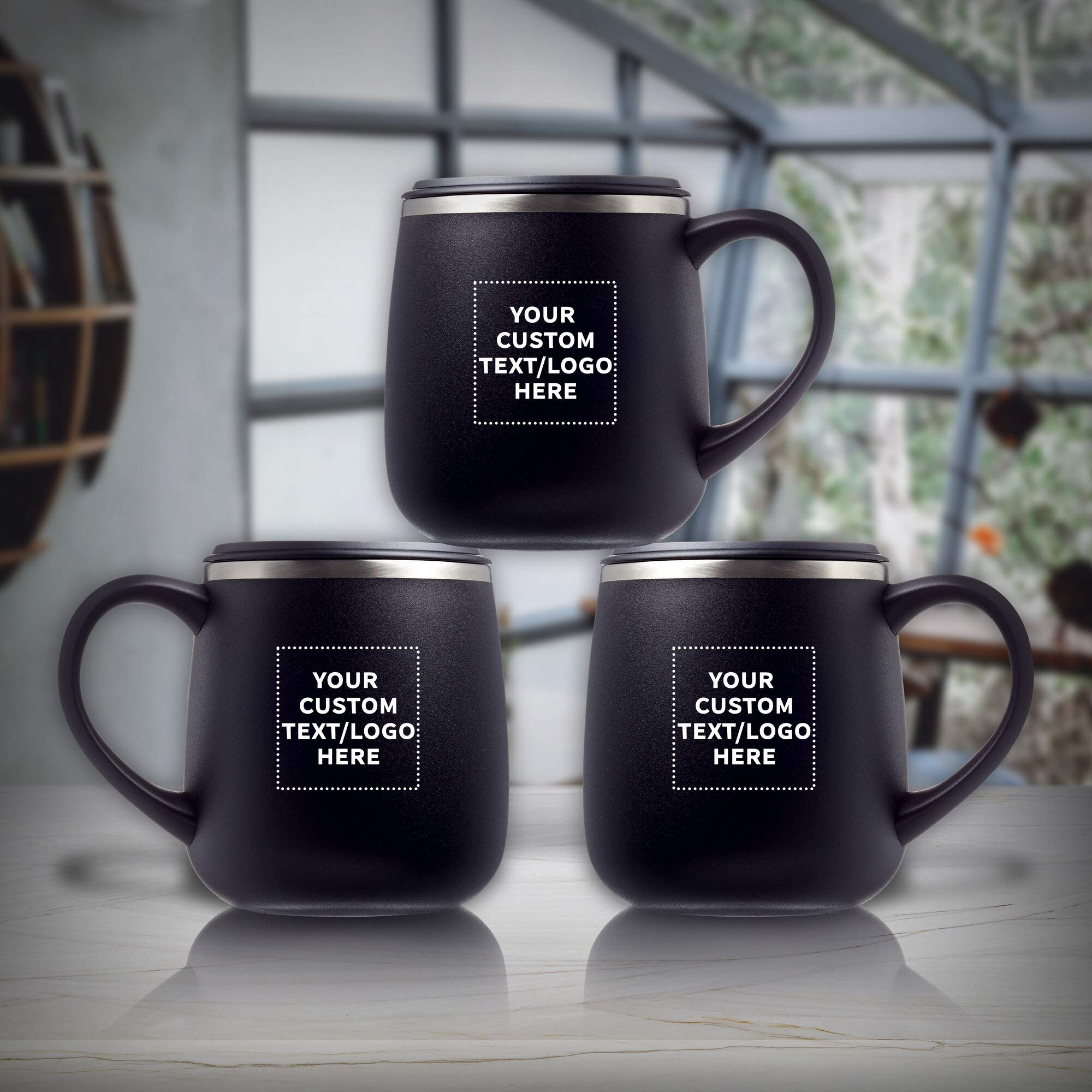Custom 11 oz. Stainless Steel Coffee Mugs with Lid - 12 Pack Personalized Text/Logo - Black - Perfect for Office Gifts, Corporate Events & Brand Promotions