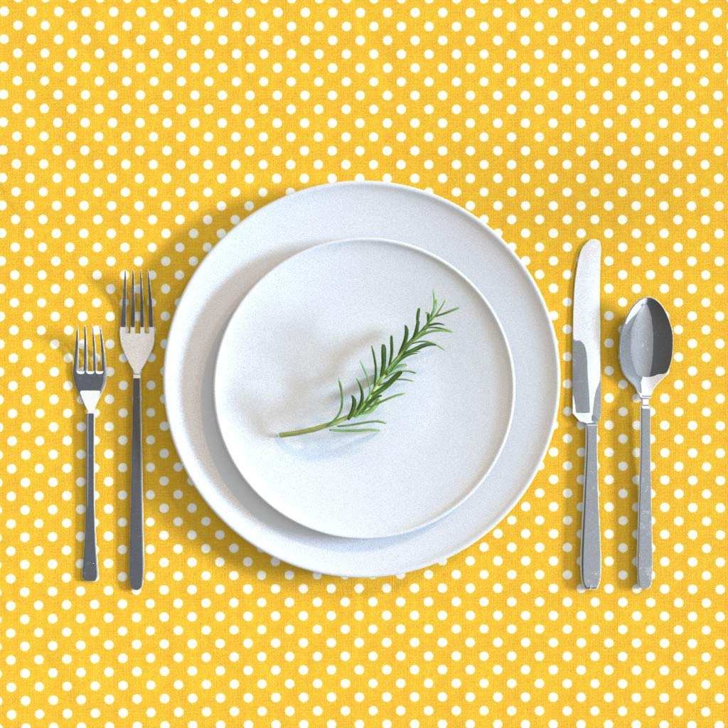 Vintage Lemon Polka Dots Yellow Cotton Sateen Tablecloth 70