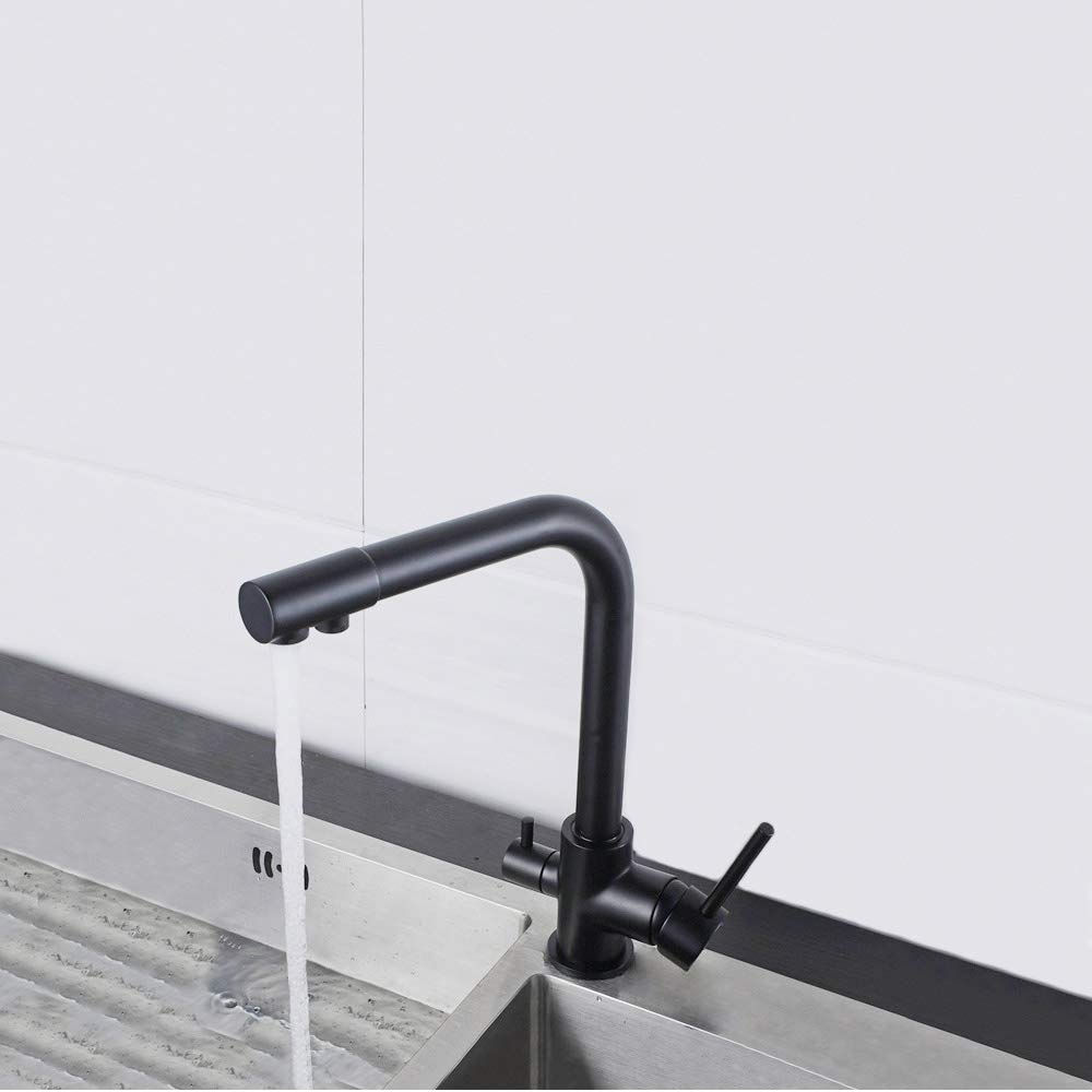 Modern Matte Black Dual Handle Kitchen Sink Faucet with Pull-Down Sprayer & Built-in Water Filter - High Arc Swivel Spout for Bar, Prep, and Farmhouse Sinks - Perfect for Cooking, Washing Dishes & Food Prep