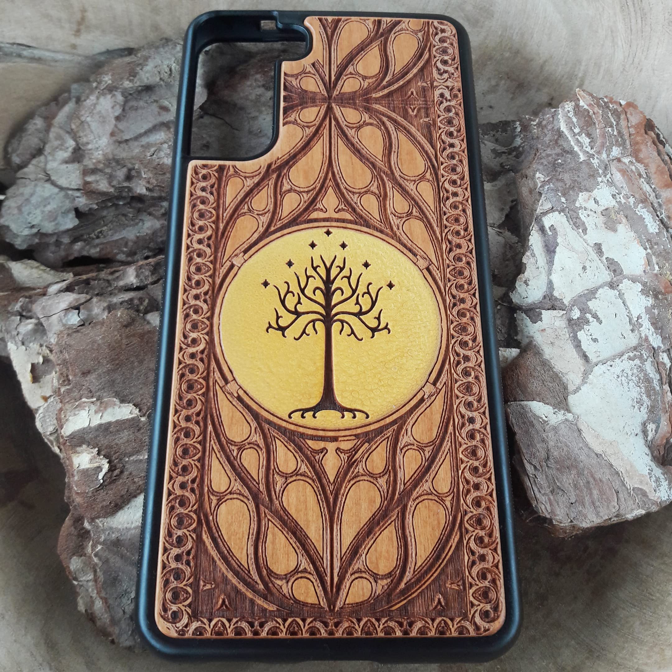 Hand-Painted White Tree Laser Engraved Wooden Phone Case for iPhone 16/15/14/13/12/11 Pro Max Mini & Galaxy S25/S24/S23/S22/S21/S20 Ultra Plus - Eco-Friendly Slim Durable Wood Cover - Perfect for Nature Lovers & Outdoor Enthusiasts