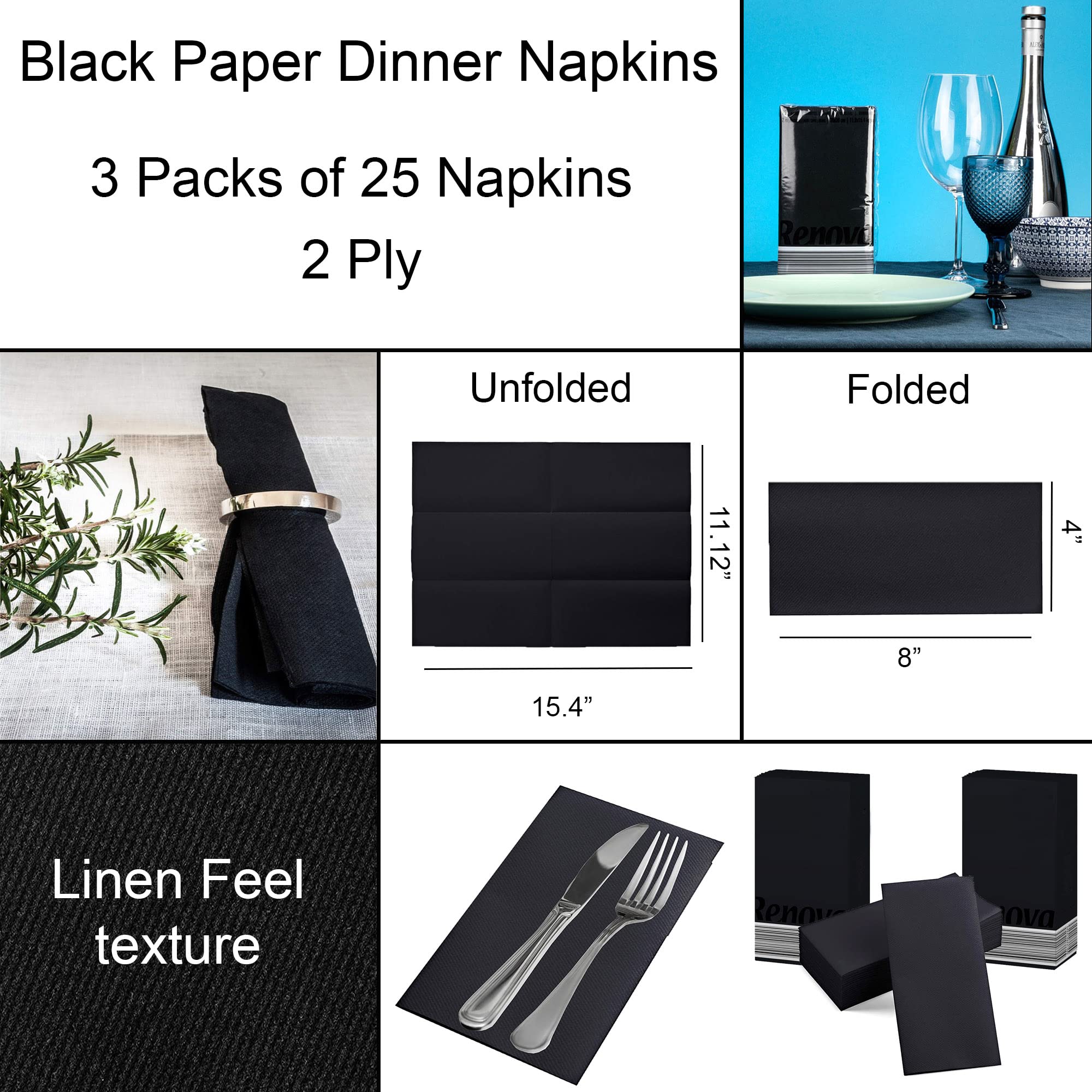 Premium Black Linen-Feel Paper Dinner Napkins - 2-Ply, 16