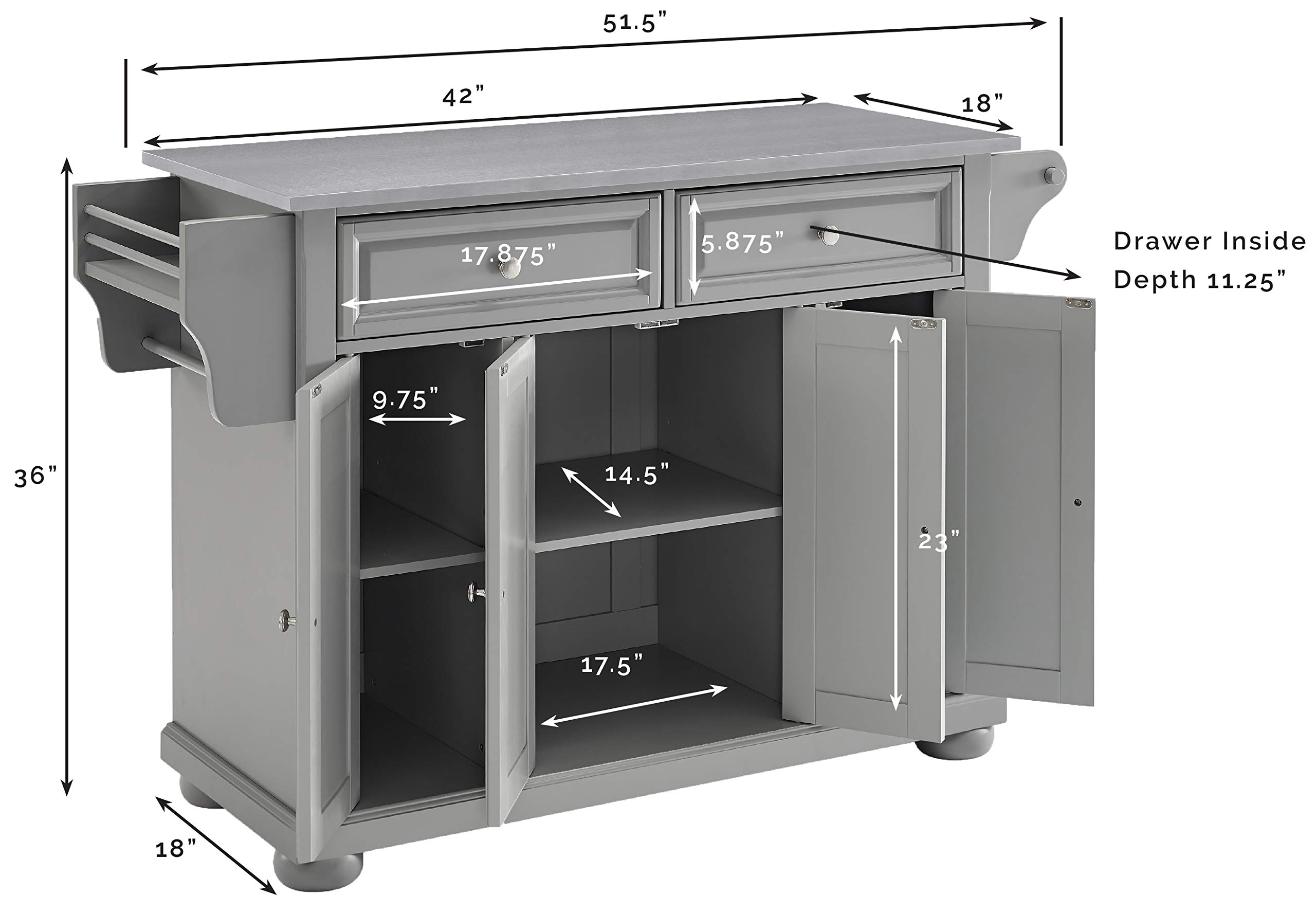 Crosley Alexandria Stainless Steel Rolling Kitchen Island Cart with Storage - Microwave Stand, Gray | Mobile Prep Station for Small Kitchens & Dining Areas