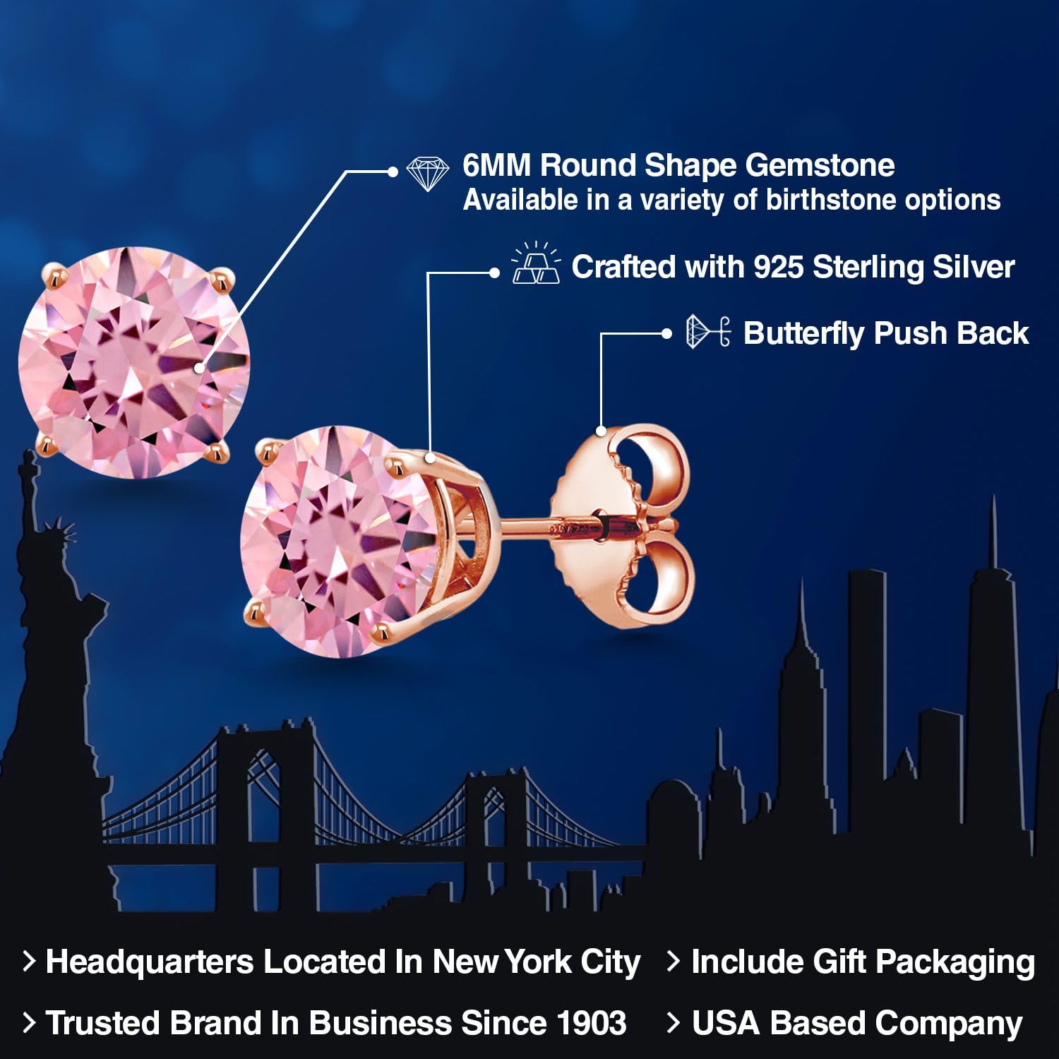 Gem Stone King 18K Rose Gold Plated Sterling Silver 6MM Round Birthstone Stud Earrings for Women & Men | Personalized Jewelry Gift for Birthday, Anniversary & Special Occasions