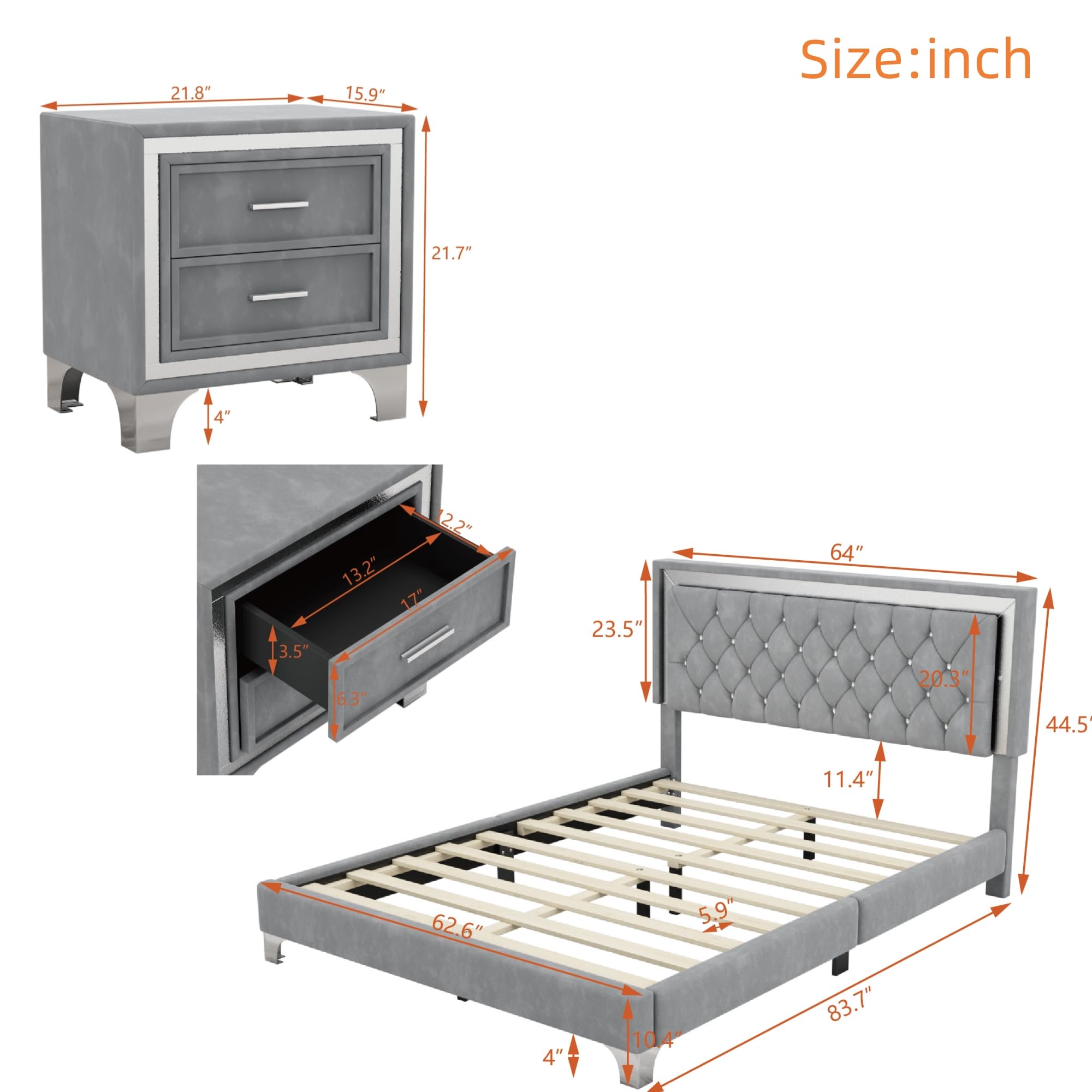 Harper & Bright Designs 3-Piece Queen Bedroom Set with LED Lights - Modern Upholstered Platform Bed & 2 Nightstands, Gray - Perfect for Contemporary Bedrooms, Guest Rooms & Small Spaces