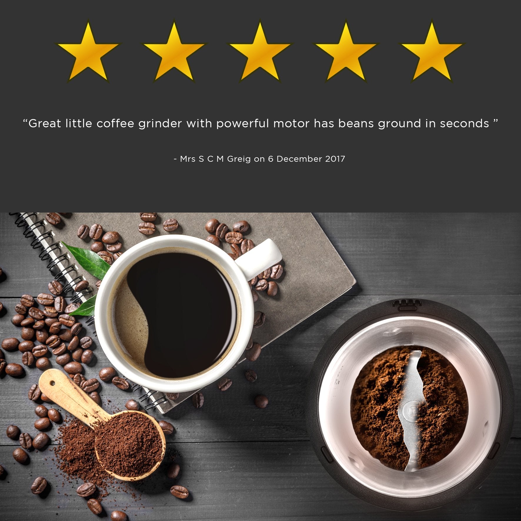 Duronic CG250 Electric Coffee Grinder - Stainless Steel Blade Grinder for Coffee Beans, Nuts, Spices & Seeds | Fast & Quiet Mini Mill with Removable Bowl | Perfect for Home, Office & Coffee Shops