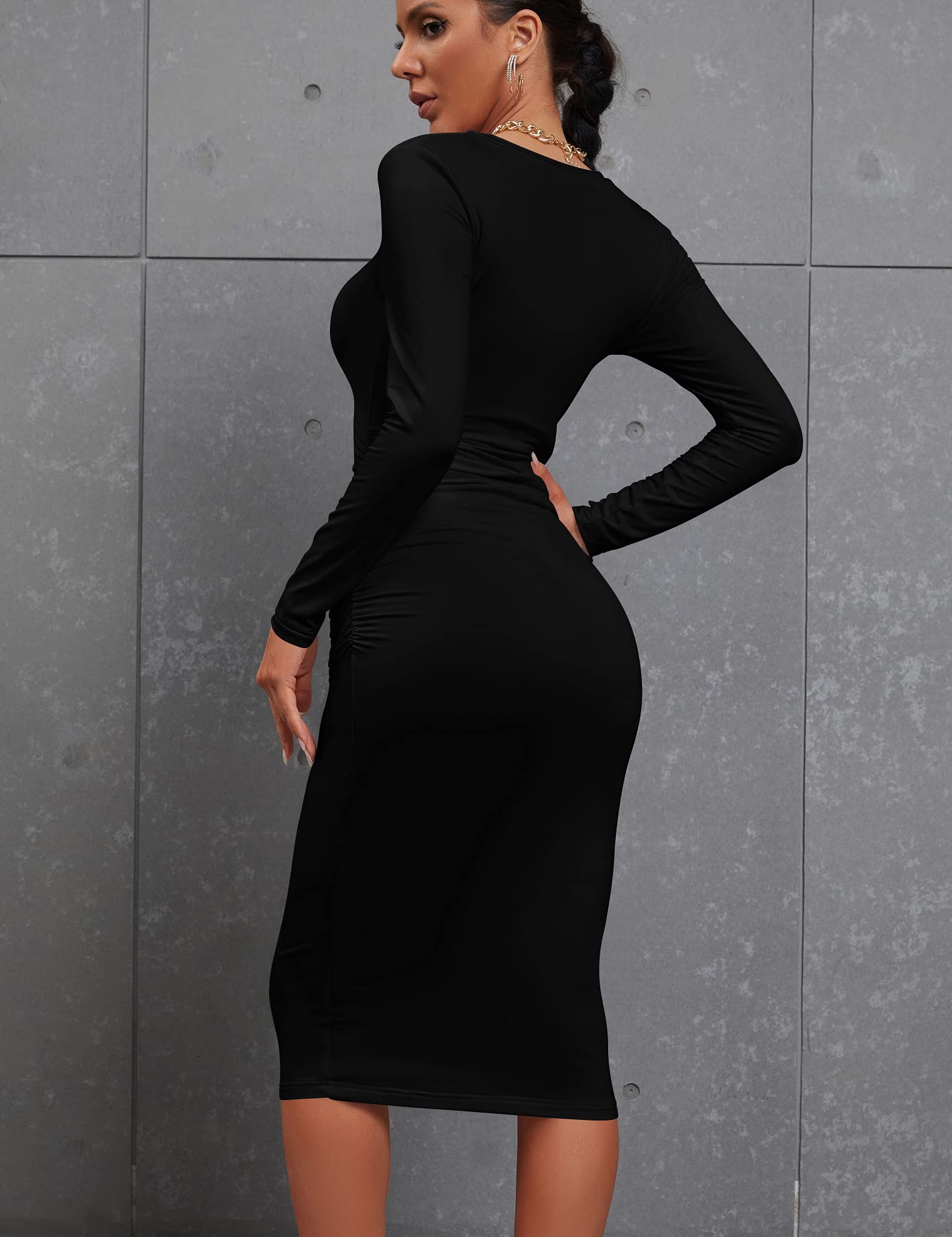 Sexy Bodycon Ruched Long Sleeve Midi Dress for Women - Slim Fit Club Party Pencil Dress for Night Out, Date Night & Cocktail Events
