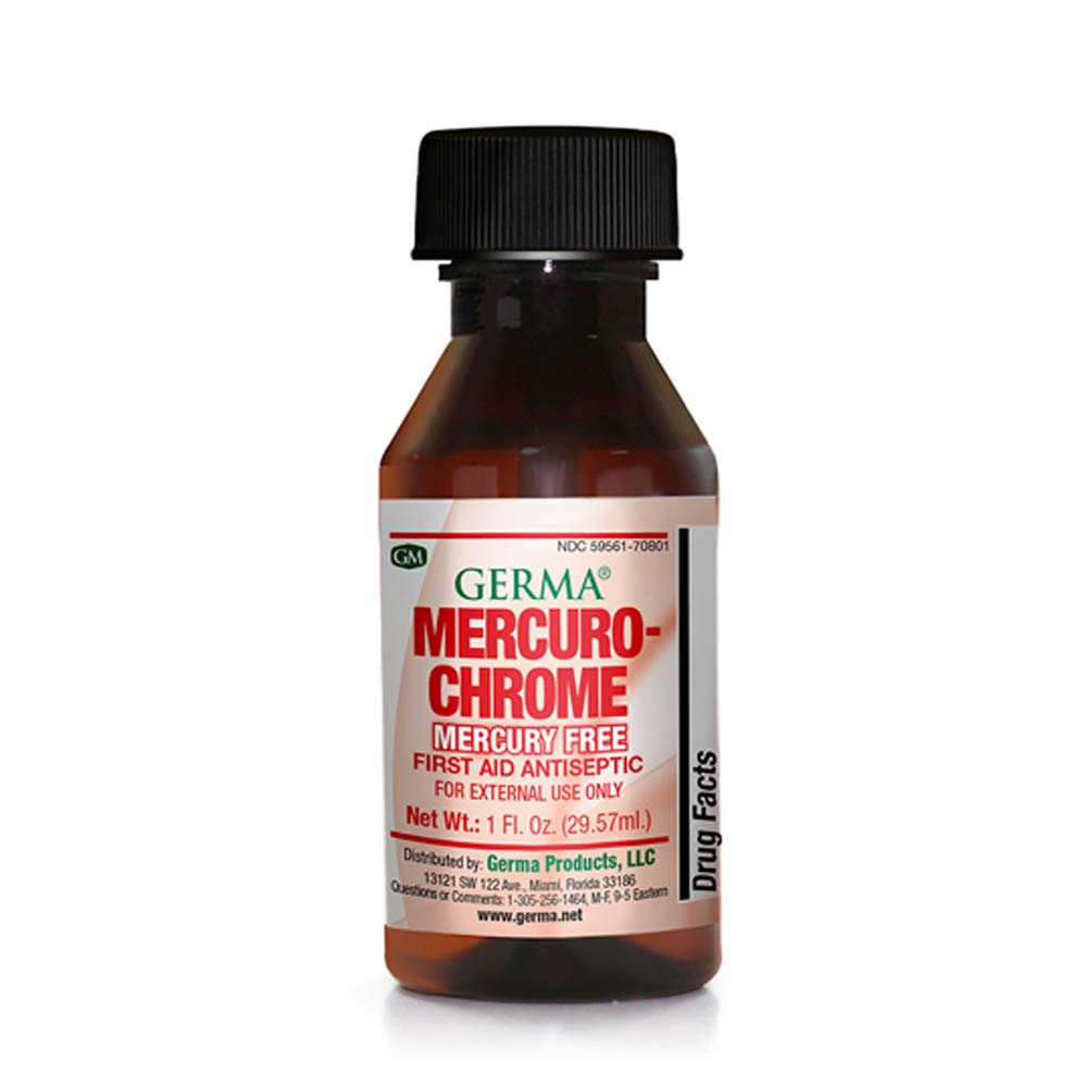 Germa Mercuro-Chrome Mercury-Free First Aid Antiseptic Solution - 1 oz (Pack of 6) | Skin Infection Prevention for Cuts, Scrapes & Burns | Essential for Home, Travel & Emergency Kits