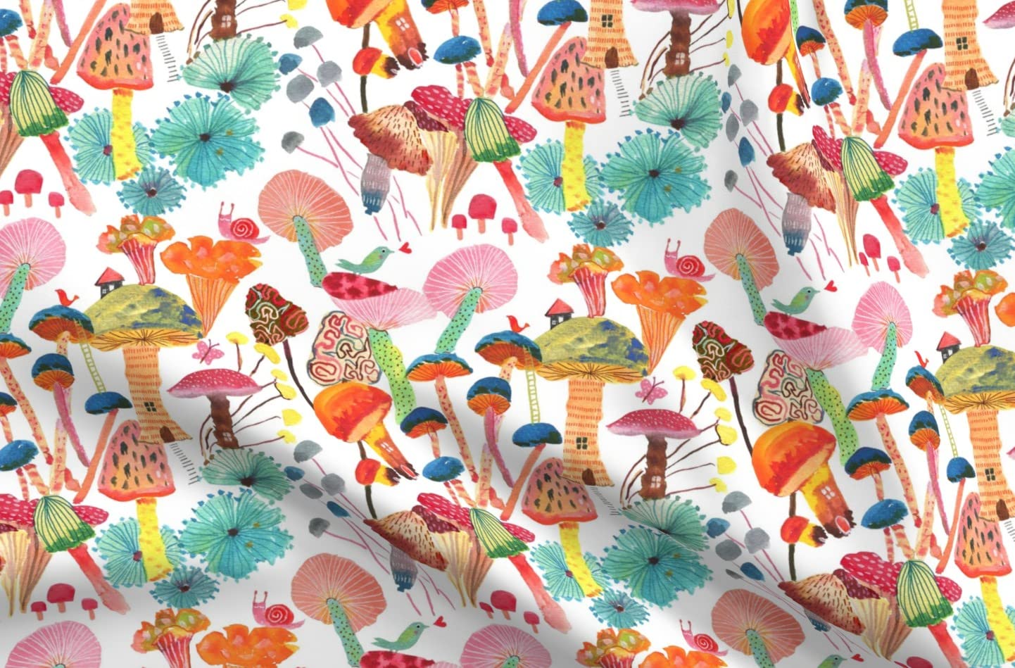 Magic Mushroom Printed Denim Fabric by The Yard - Home Decor & Upholstery for Bohemian Style