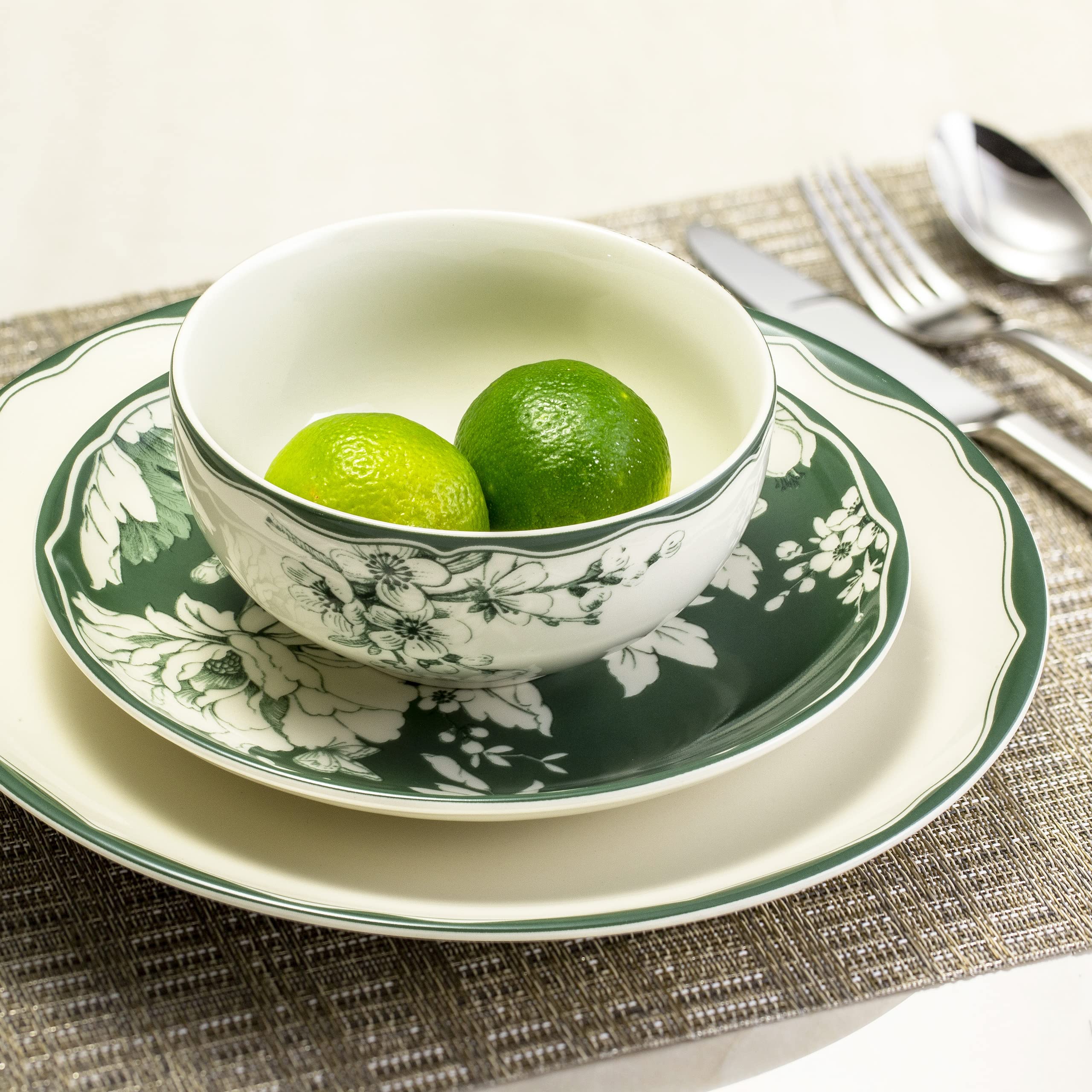 222 Fifth Brittany 12-Piece Sage Porcelain Dinnerware Set – Service for 4, Includes Dinner Plates, Salad Plates & Bowls, Lead-Free, Floral Design, Elegant Everyday Dining & Entertaining – Perfect for Family Meals, Dinner Parties & Holiday Gatherings