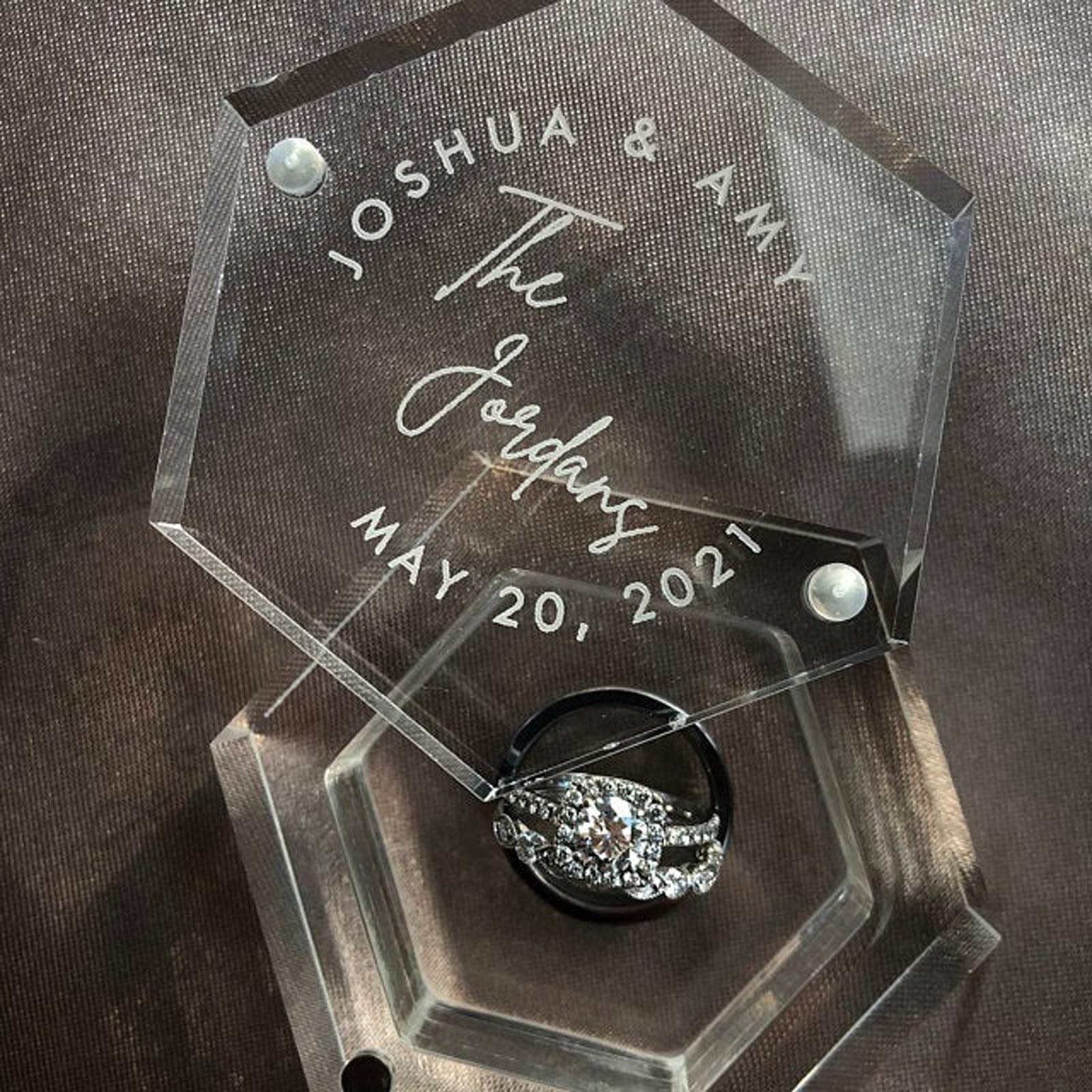 Personalized Acrylic Ring Box - Clear Hexagon Wedding & Engagement Ring Holder - Custom Engraved Jewelry Gift Box for Proposal, Anniversary & Special Occasions | Perfect for Bridal Showers, Valentine's Day & Romantic Gifts