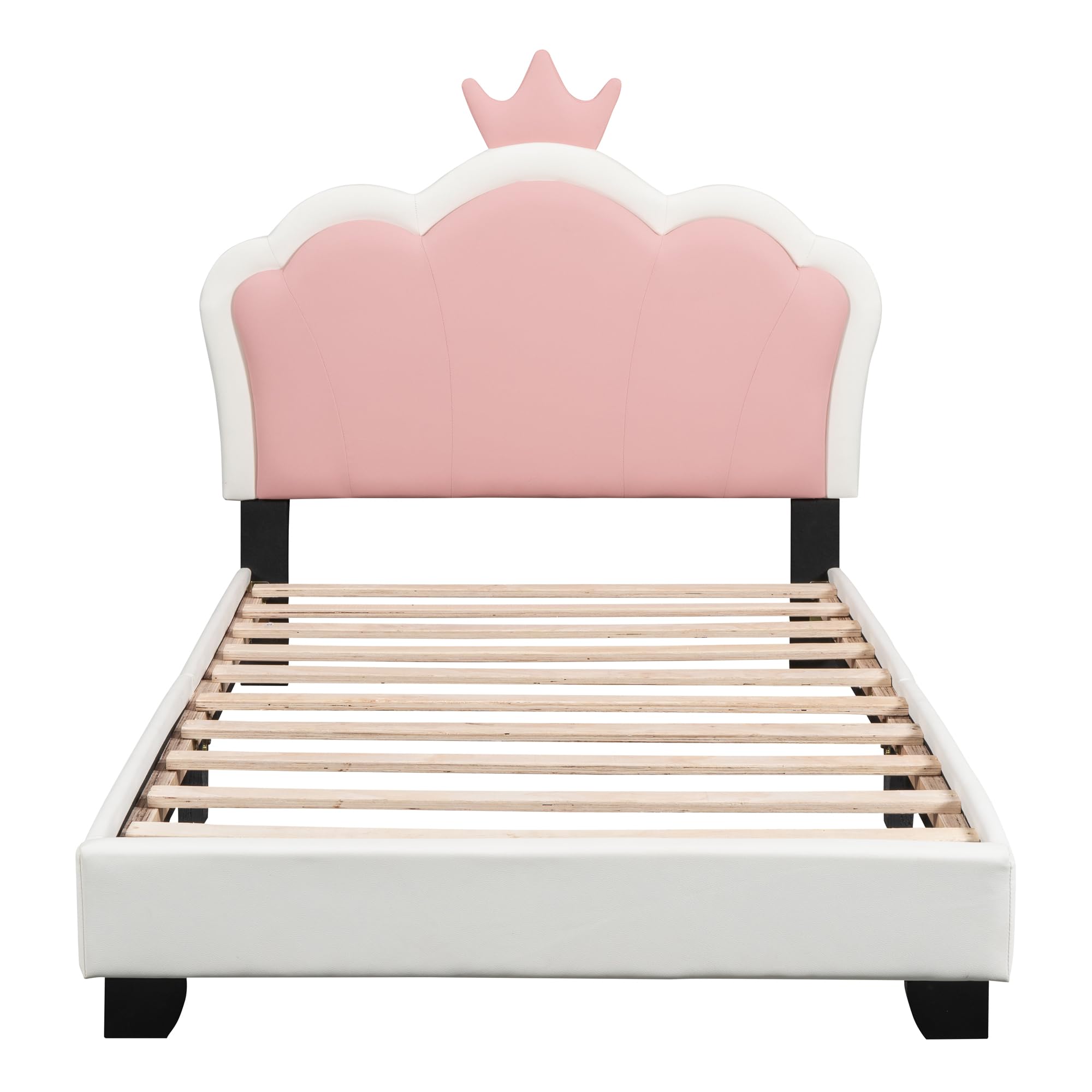 Twin Size Upholstered Princess Bed with Crown Headboard - Pink Bed Frame for Girls | Elegant Kids Room Furniture for Princess-Themed Bedrooms & Sleepovers