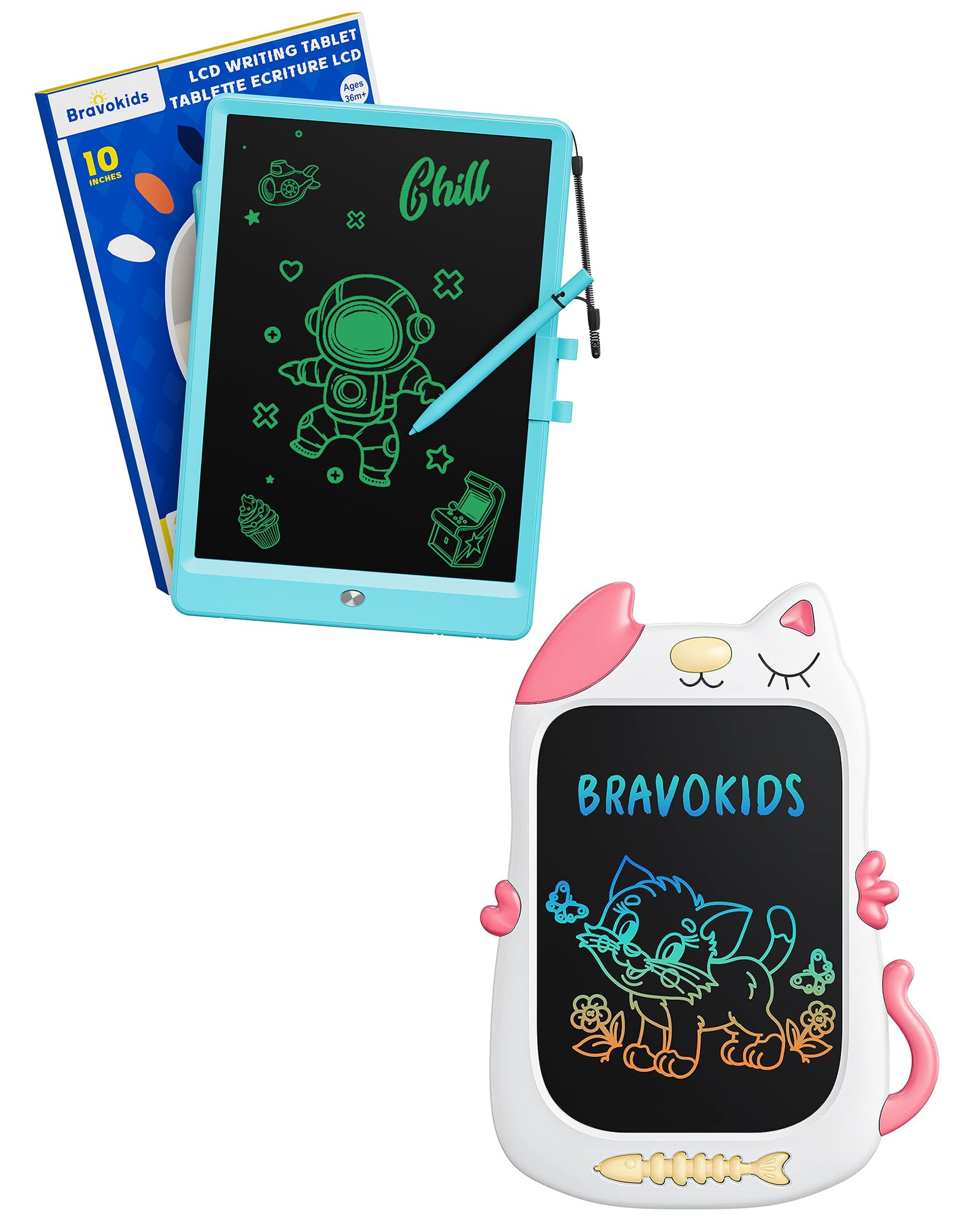 Bravokids 10 Inch LCD Writing Tablet & 8.5 Inch Cat Doodle Board - Educational Drawing Toys for 3-6 Year Old Girls & Boys | Perfect Toddler Gifts for Birthday, Travel & Classroom Learning Activities