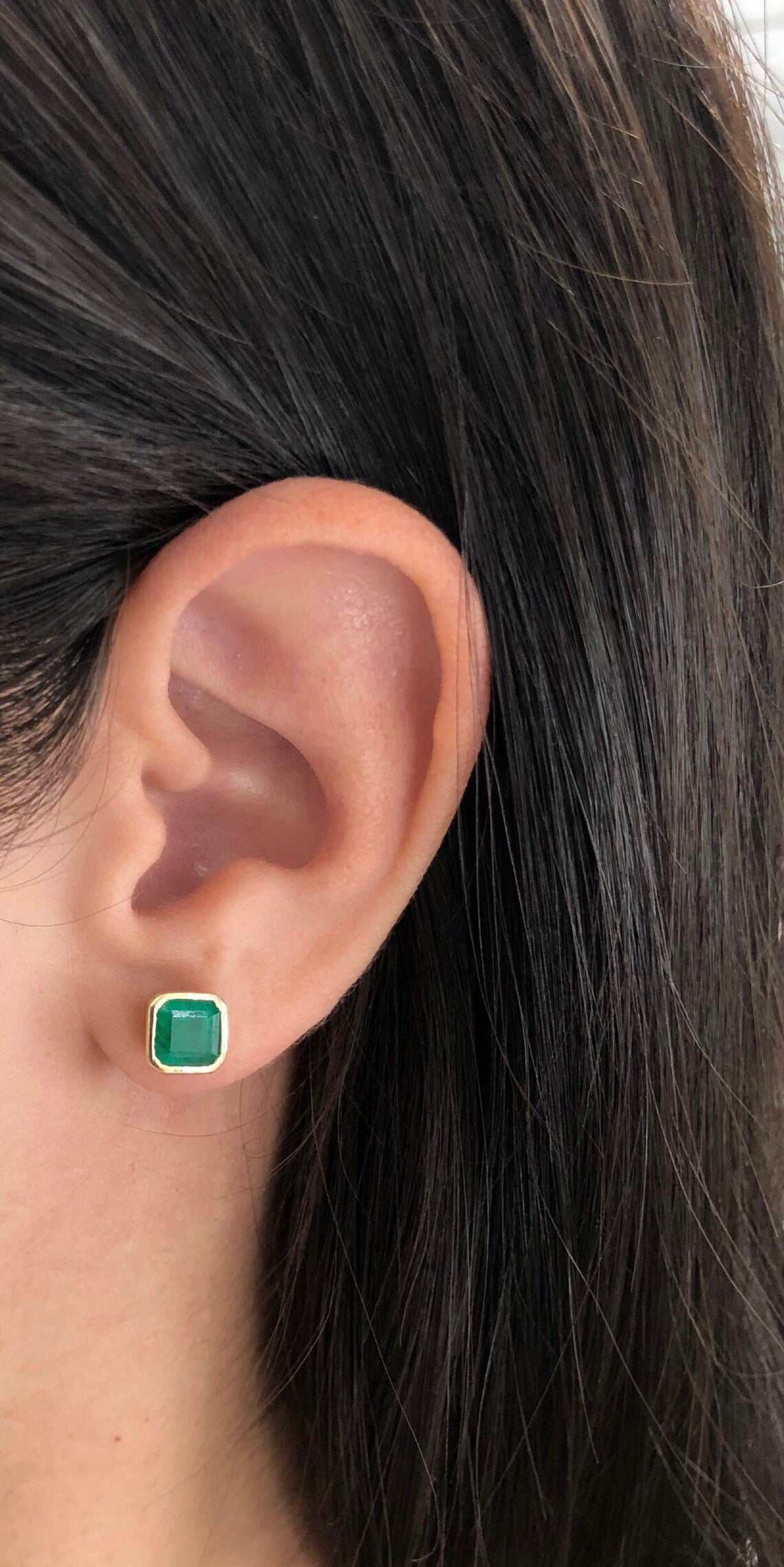 2.20tcw Asscher Cut Natural Dark Green Emerald Earrings - 14K Gold Bezel Set for Women | Perfect for Weddings, Parties & Special Occasions
