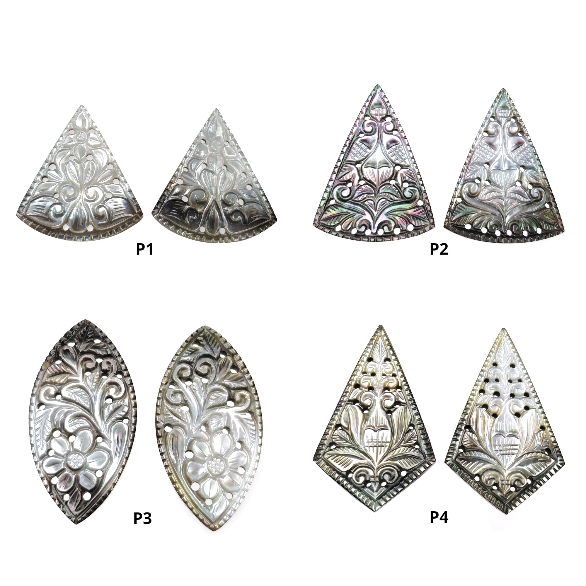 Natural Untreated Black Mother of Pearl Gemstone Carving - Hand Carved Marquise Triangle & Uneven Shape Pairs for Jewelry Making, DIY Crafts, and Home Decor