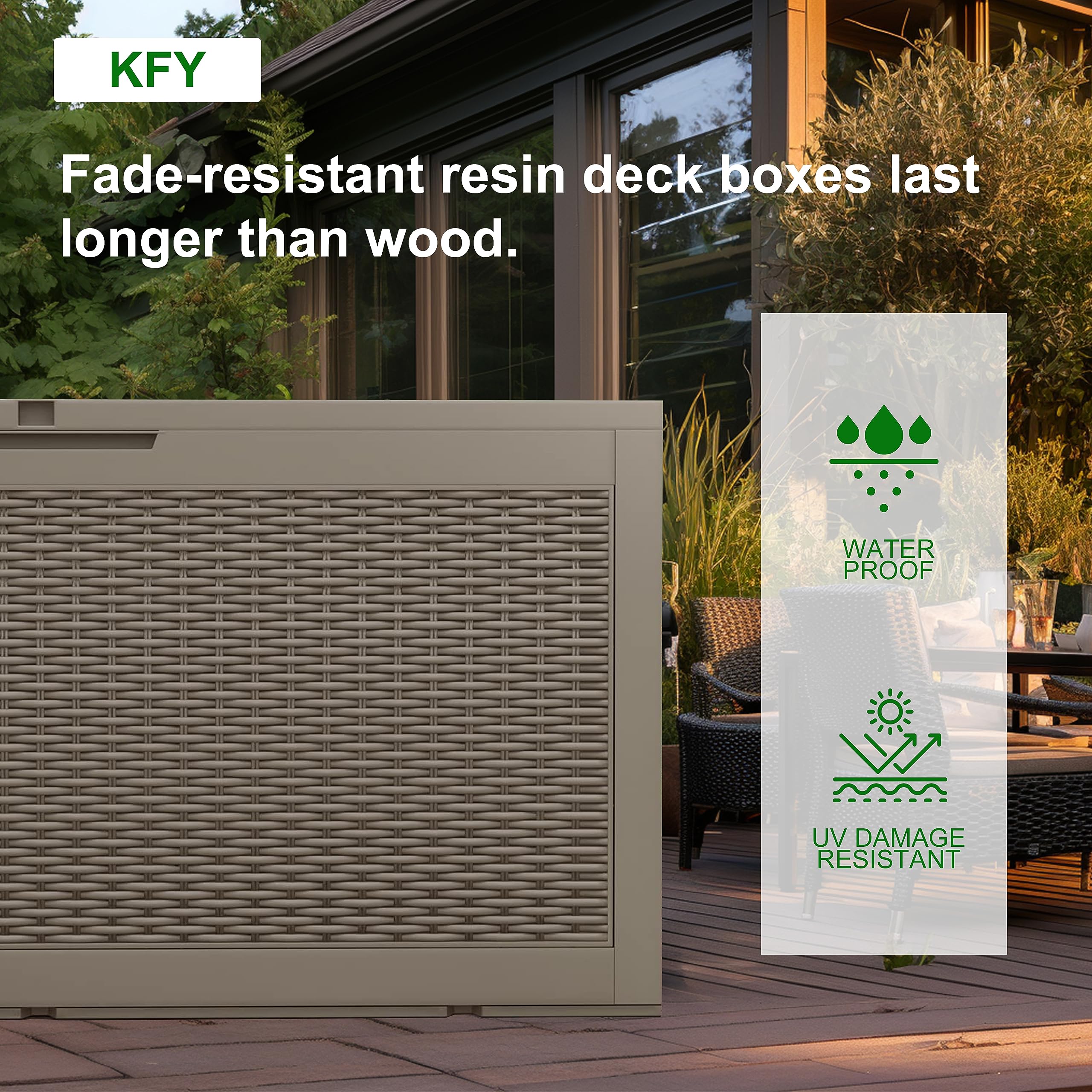 100 Gallon Resin Deck Box with Lock - Waterproof Outdoor Storage for Patio Furniture, Garden Tools & Equipment | Durable Light Brown Deck Storage for Backyard, Poolside & Garden Organization