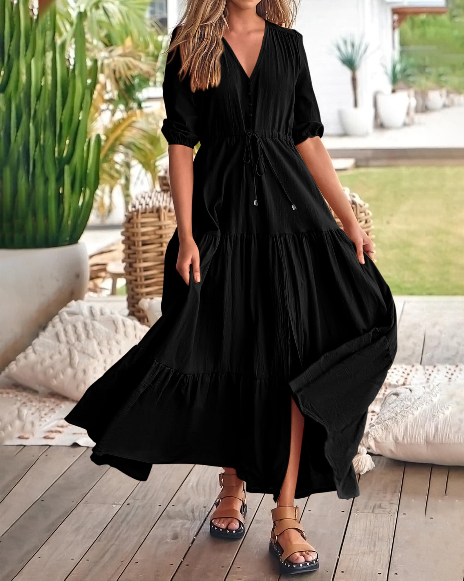 BTFBM Women's Summer Maxi Dress - Short Sleeve V-Neck Button Front Boho Long Dress with Drawstring Waist in Solid Colors | Perfect for Beach Vacations, Casual Outings and Summer Parties