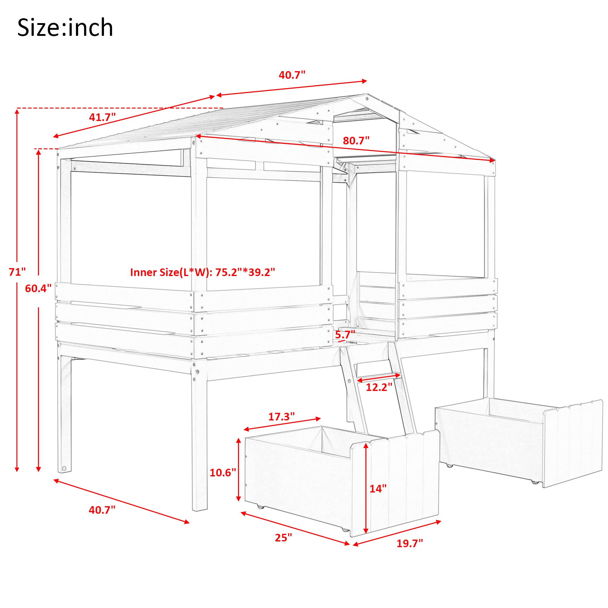 Softsea Twin House Loft Bed with Storage - Kids Play & Sleep Space