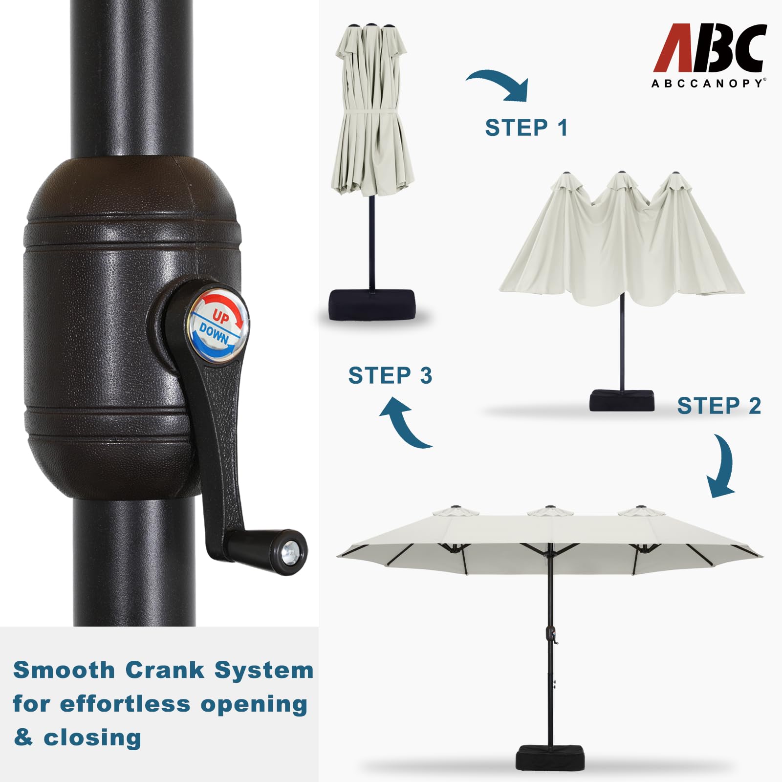 ABCCANOPY 15FT Double Sided Outdoor Patio Umbrella with Heavy Duty Base - Light Beige Sun Shade for Poolside, Lawn, Backyard, Beach & Garden Relaxation