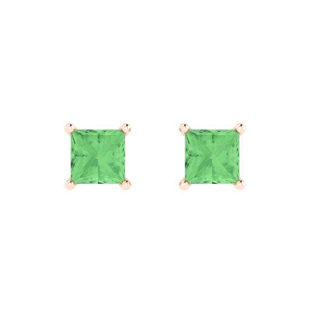 1.0 Carat Princess Cut Green Simulated Diamond Stud Earrings in 14K Rose Gold - Push Back Design for Anniversary, Wedding & Special Occasions