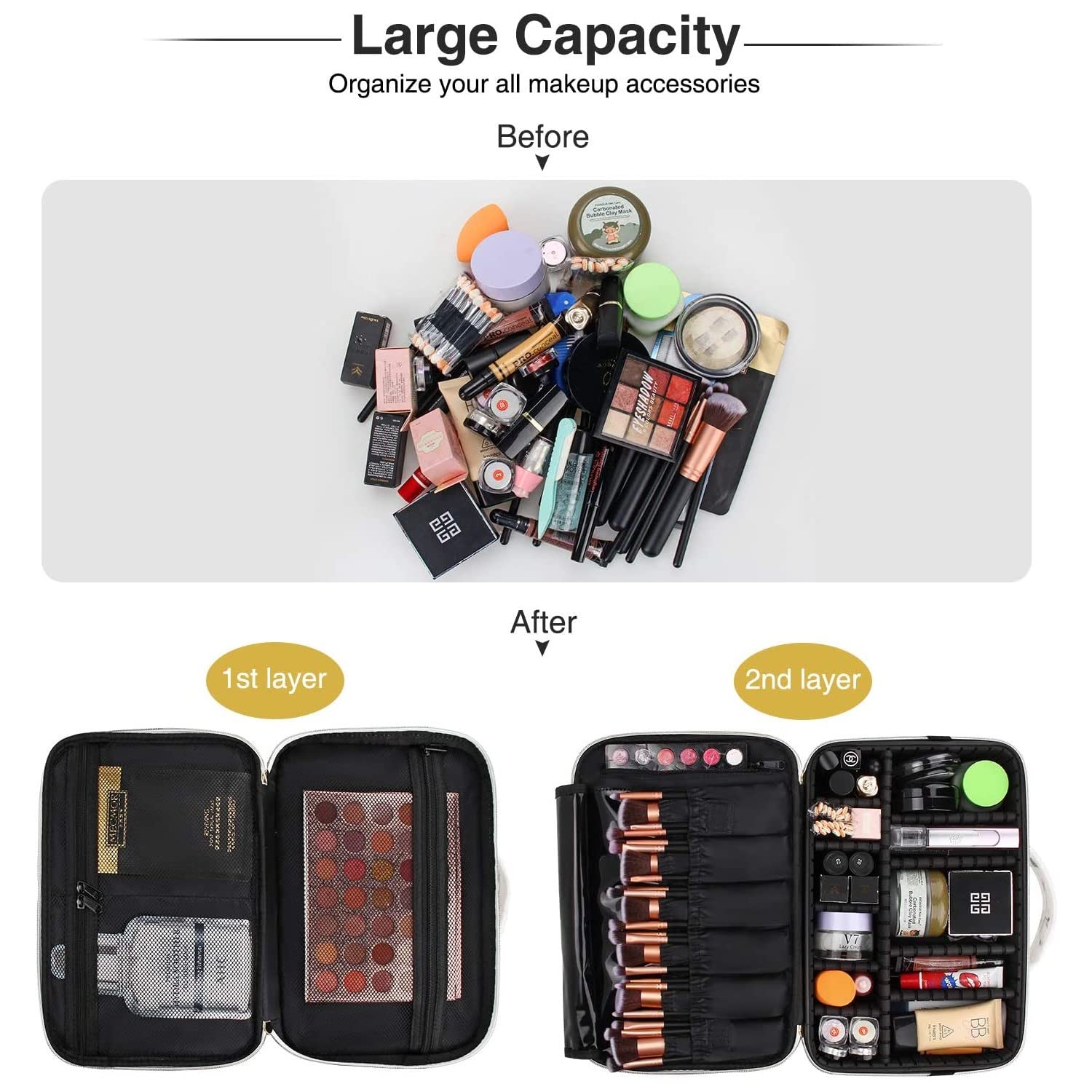 Professional 16 Inch Travel Makeup Case with Compartments - 2 Layer Cosmetic Train Case for Makeup Artists, Vanity Organizer & Brush Storage Bag (Marble Pattern) | Perfect for Travel, Salon Use & Home Makeup Organization