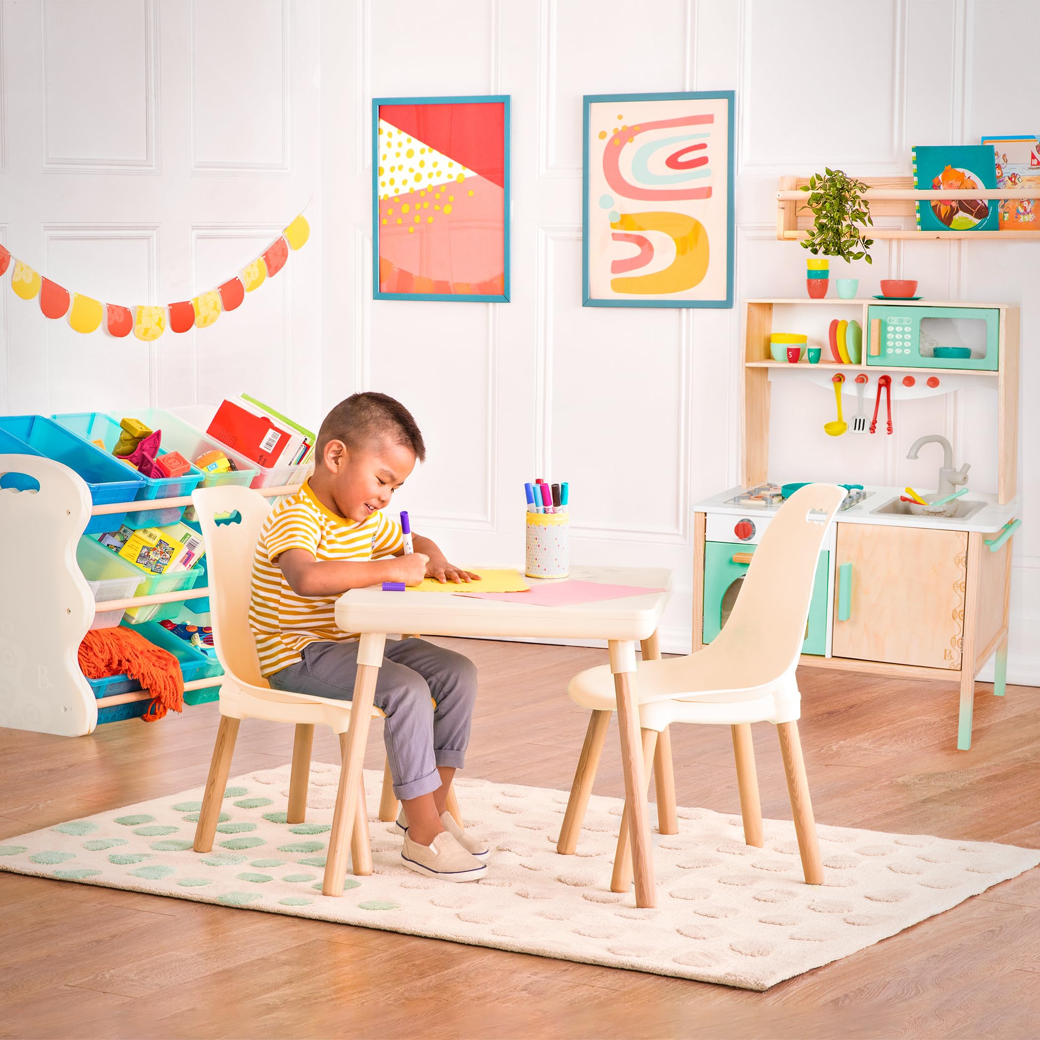 B. Toys B. Spaces Toddler Table and Chair Set - Natural Wooden Legs, Ivory Color - 1 Craft Table & 2 Chairs for Kids Ages 3+ | Perfect for Arts & Crafts, Playtime, and Learning Activities