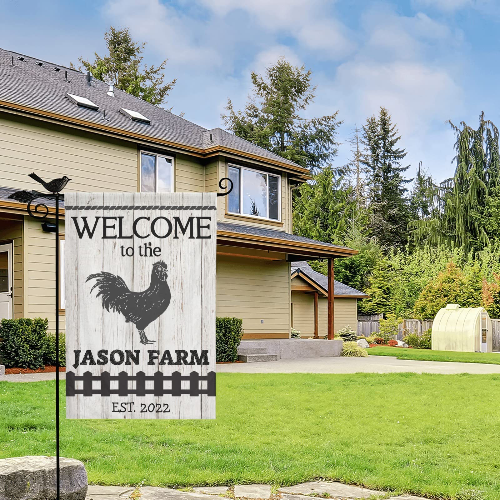 Custom Personalized Welcome Black Chicken Farm Wood Print Garden Flag - Double Sided 28x40 Inch with Name - Indoor Outdoor Home Decor for Porch, Yard, Farmhouse & Seasonal Celebrations