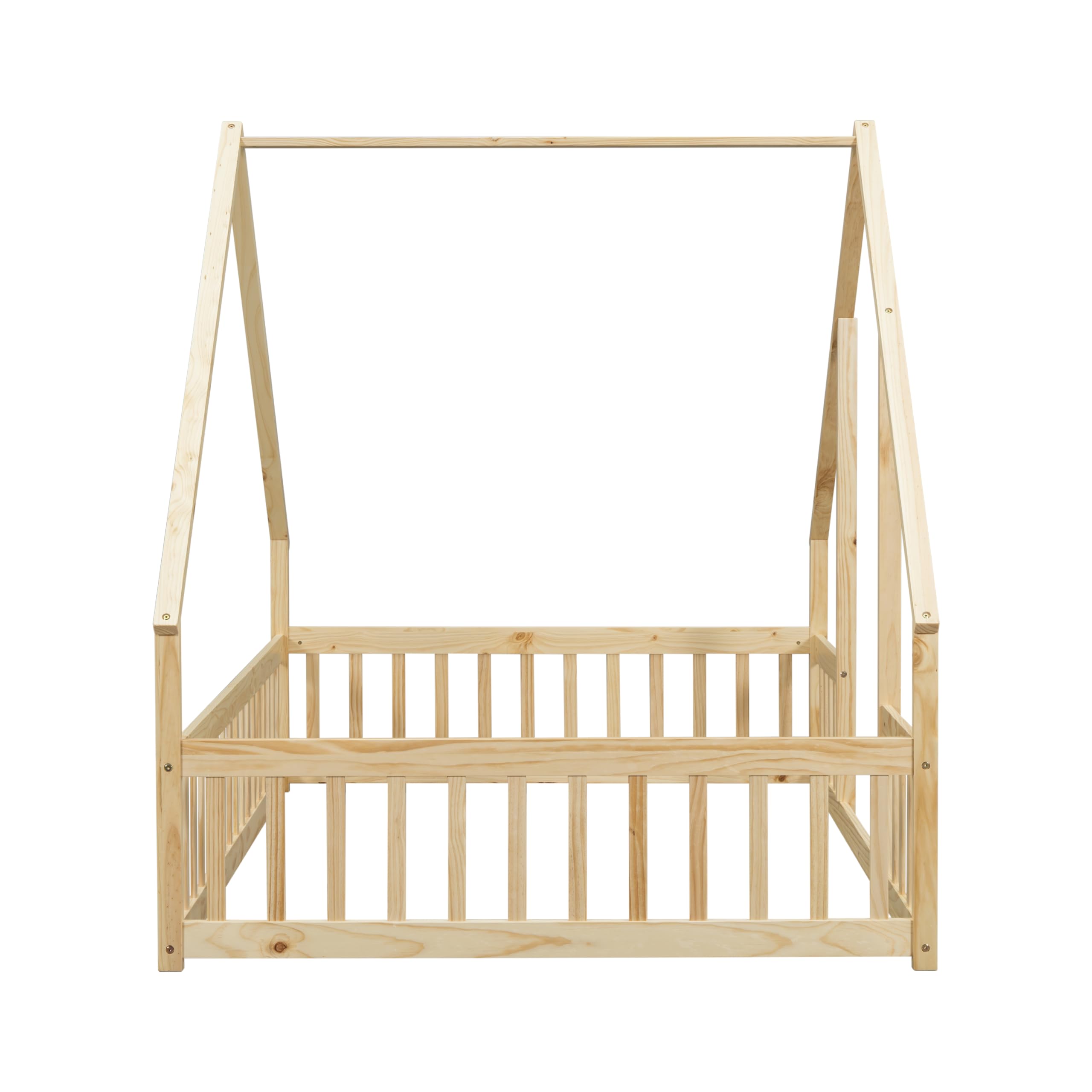 Bellemave Full Size Wooden House Floor Bed for Kids - Montessori Style Playhouse Bed with Safety Fence for Boys & Girls - Natural Wood Toddler Bed for Bedroom, Playroom or Nursery
