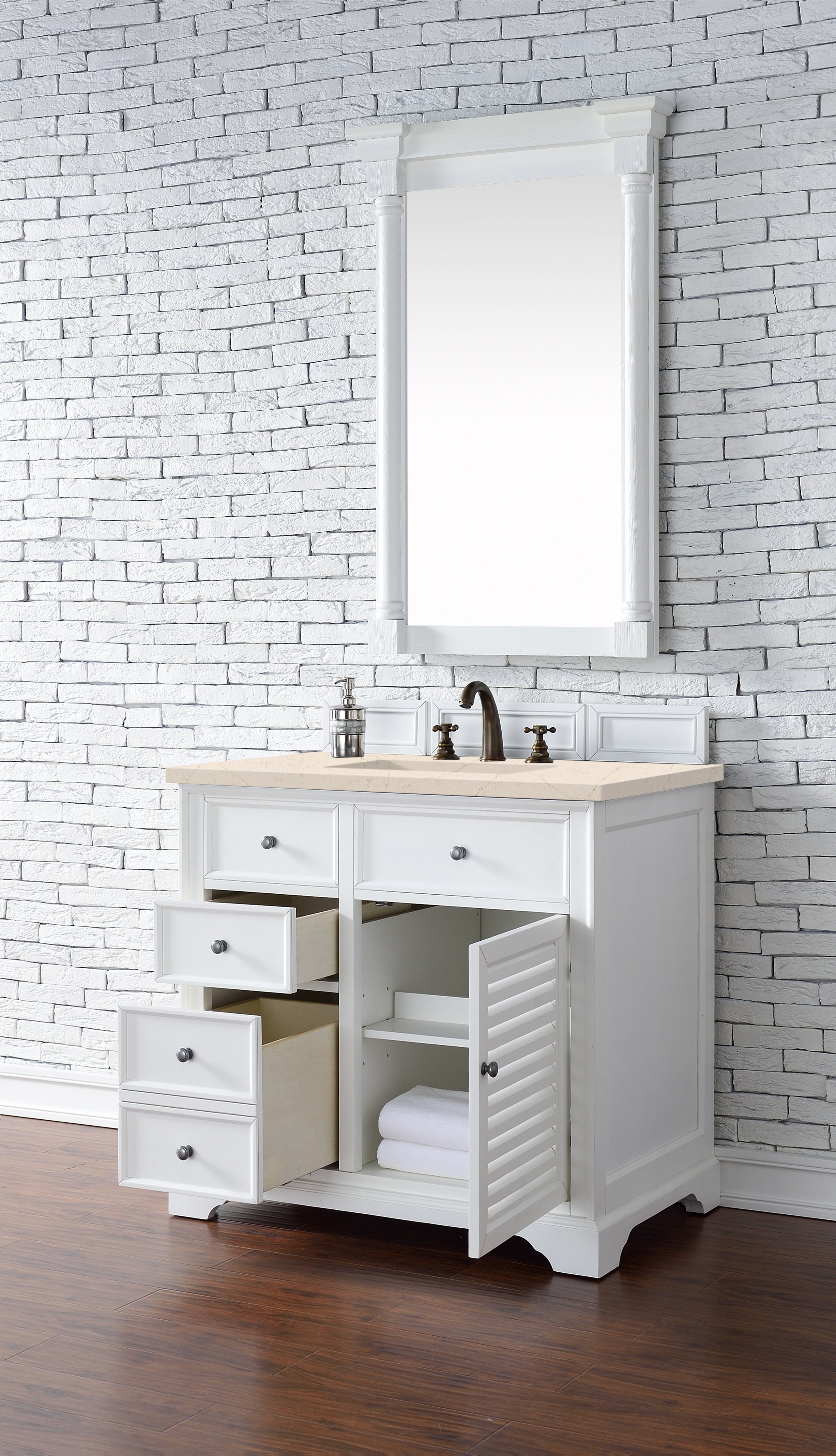 Savannah 36 Inch Single Bathroom Vanity Set with 3CM Eternal Marfil Quartz Countertop - Bright White Finish | Perfect for Master Bath, Guest Bath & Powder Room Remodeling
