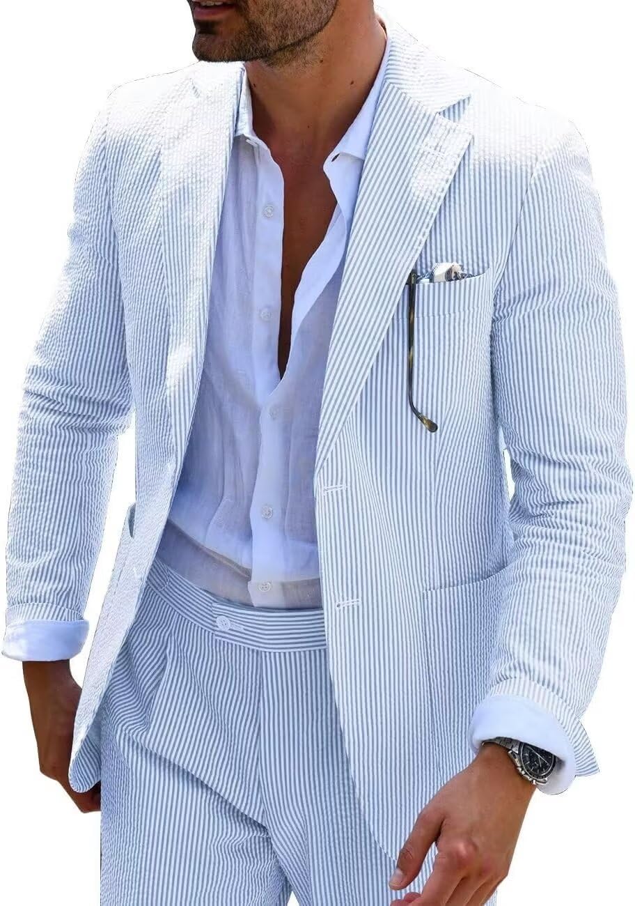 Men's Blue Seersucker Summer Suit - Slim Fit Formal Wedding Suit for Grooms | Breathable Lightweight Business Attire & Outdoor Summer Events