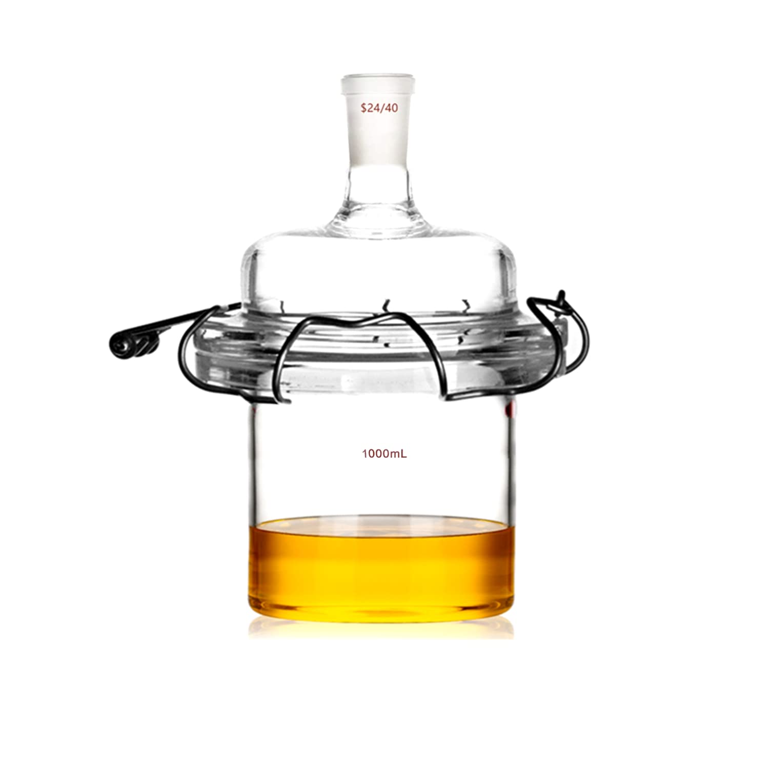 24/40 Glass Cylindrical Reactor - 1-Neck Flat Bottom Lab Reaction Vessel with Lid & Clamp for Chemical Synthesis, Distillation, and Laboratory Experiments