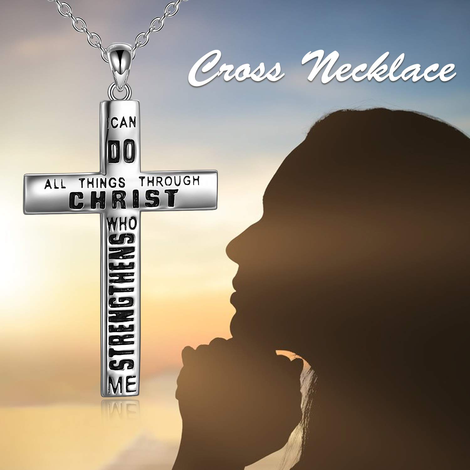 YAFEINI 925 Sterling Silver Cross Pendant Necklace - Inspirational Bible Verse Christian Jewelry for Men, Perfect Gift for Baptism, Confirmation & Religious Occasions