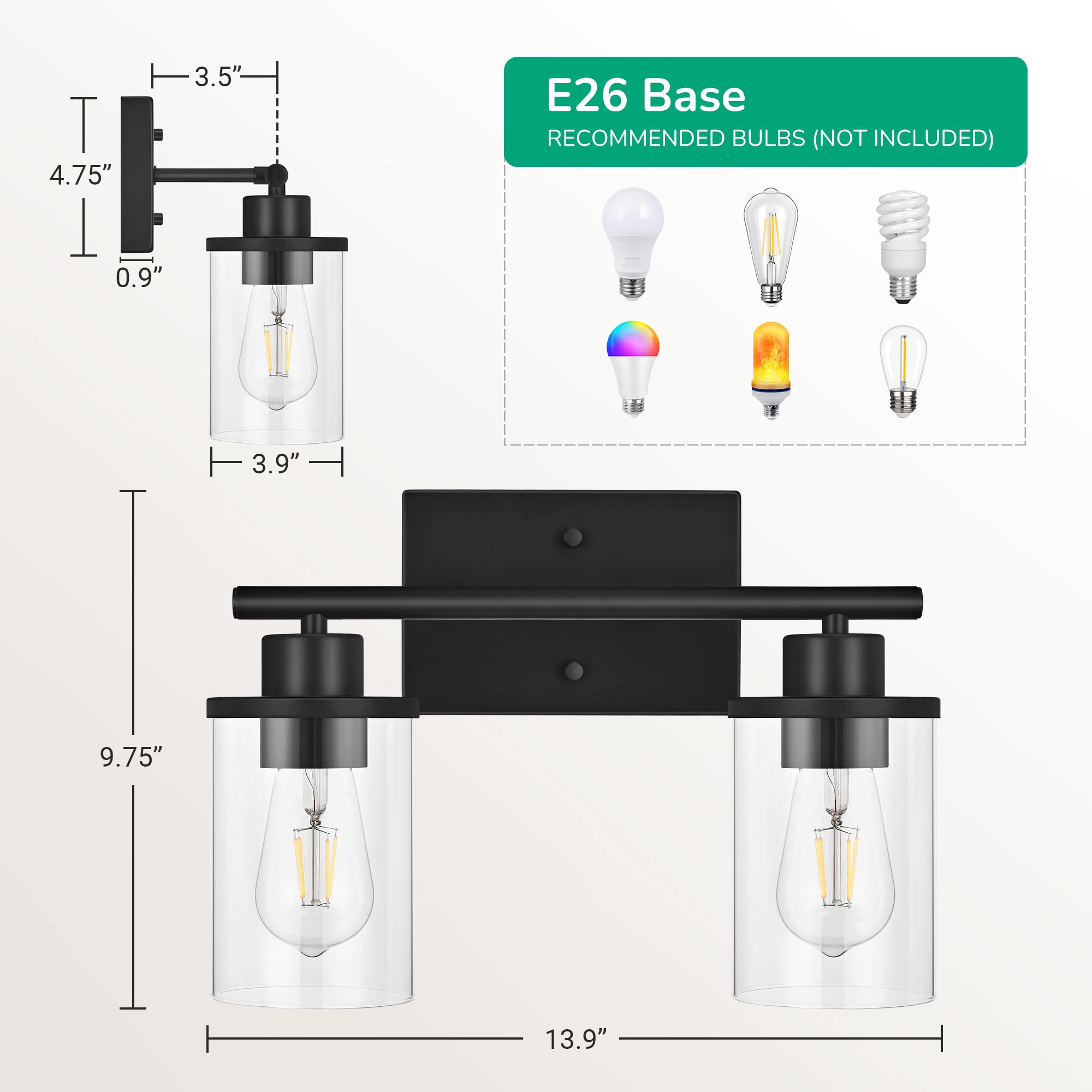 EDISHINE 2-Light Bathroom Vanity Light Fixture with Clear Glass Shades, Matte Black Vintage Wall Sconce - E26 Base (Bulbs Not Included) - Perfect for Bathroom, Bedroom, Living Room & Hallway Lighting