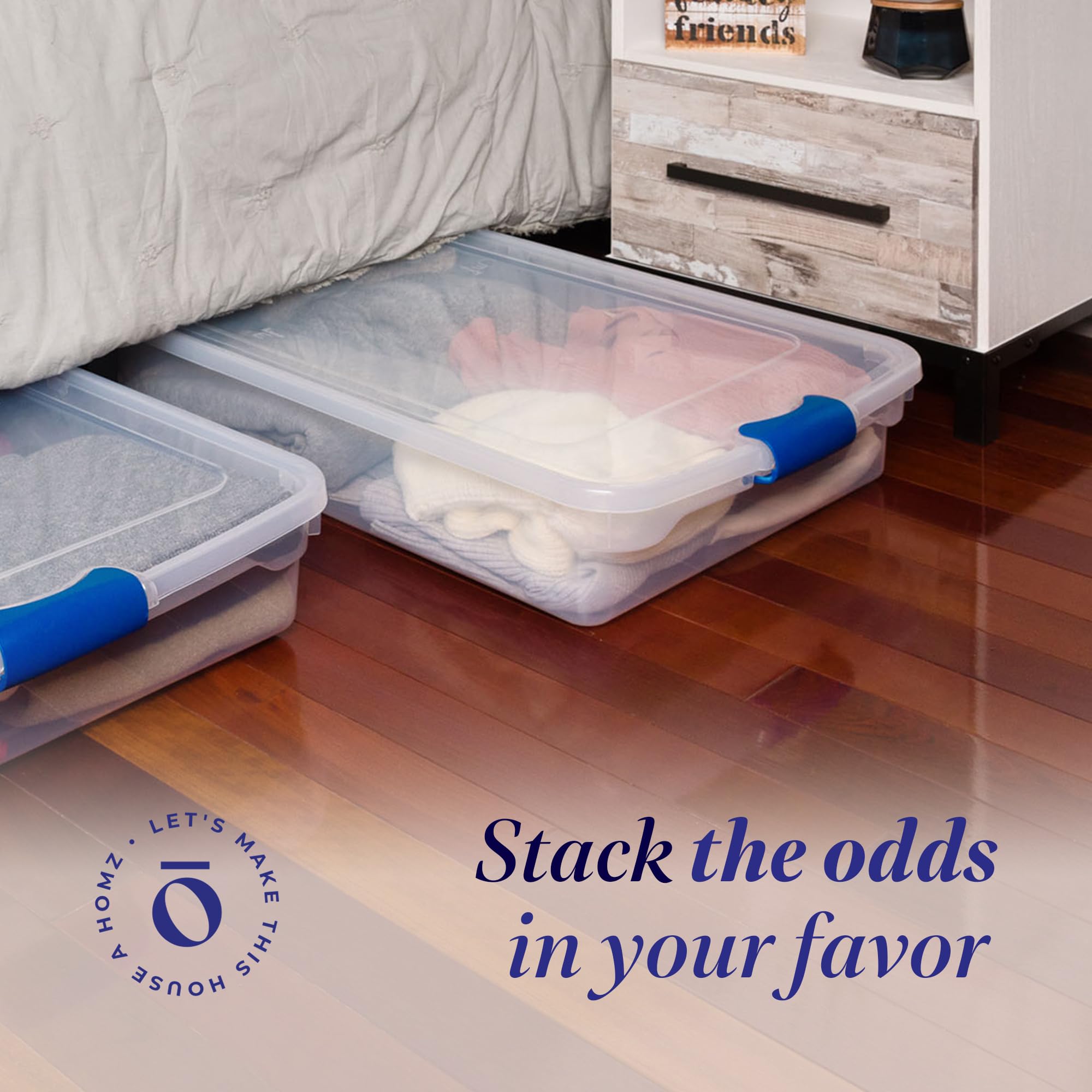 HOMZ 2-Pack Under Bed Storage Bins with Lids - 60 Quart Clear Plastic Organizer Boxes with Secure Blue Latches - Perfect for Clothes, Shoes, Blankets & Seasonal Items Storage