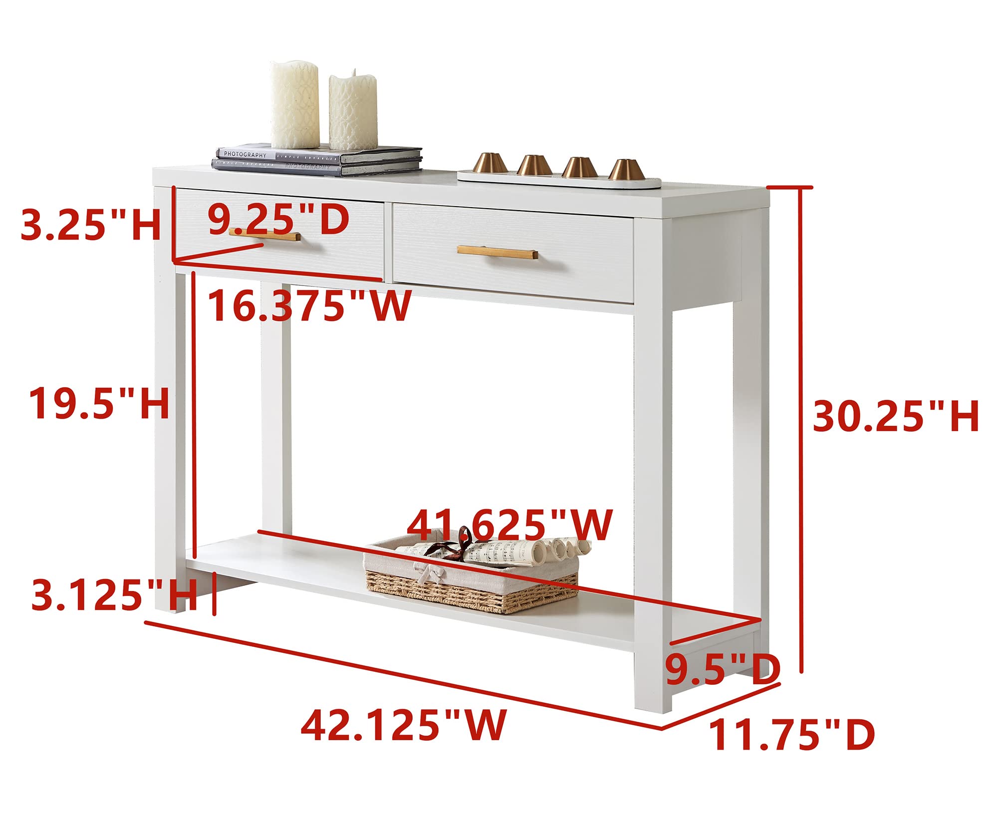 Modern White Console Table with 2 Storage Drawers & Open Shelf - Kings Brand Furniture for Hallway, Living Room, Bedroom | Perfect Entryway Organizer & Stylish Sofa Table Decor