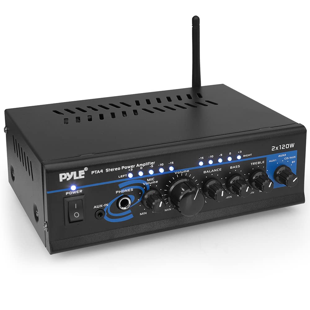 Pyle 2 Channel Wireless Microphone System with Headset & Lavalier Mics - 2X120W Bluetooth Stereo Power Amplifier with Mixing Modes for Karaoke, Home Theater & Live Performances