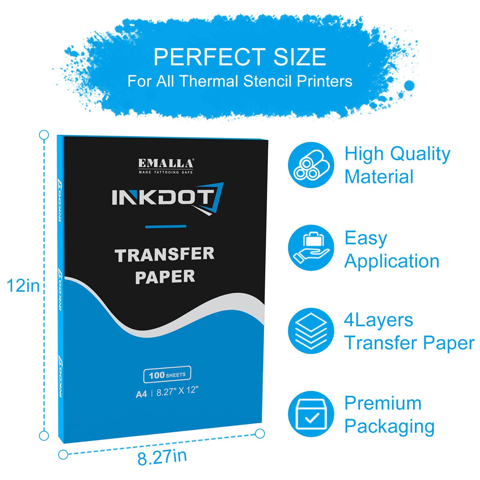 Emalla INKDOT Tattoo Transfer Paper - 100 Sheets Premium 4-Layer Thermal Stencil Paper for Tattoo Artists, 8.27