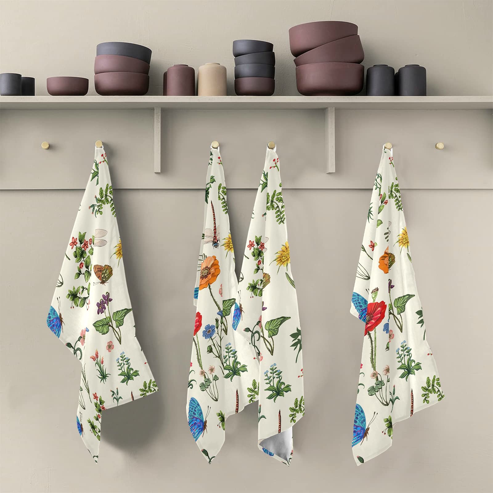 Premium 18x28 Inch Super Absorbent Lint-Free Kitchen Towels Set of 4 - Floral Design with Dragonfly, Butterfly, Sunflower & Carnation Patterns | Soft Dish Cloths for Tea Bar, Bath & Kitchen Accessories | Perfect for Daily Cleaning, Dish Drying & Home Decor