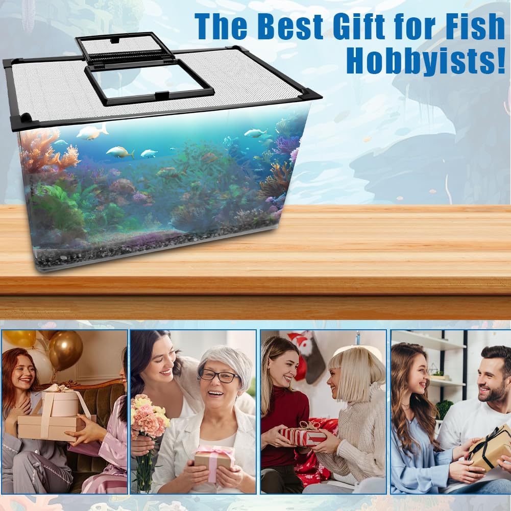 SEILETOO Magnetic Fish Tank Lid with Feeding Window - High Transparency Adjustable Aquarium Cover, Anti-Jump Fish Tank Net - Custom Cut to Any Size for Freshwater & Saltwater Tanks (Perfect for Betta, Goldfish, Shrimp Tanks)